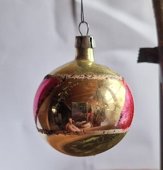 Christmas tree ball glass vintage gold colored with turquoise and pink