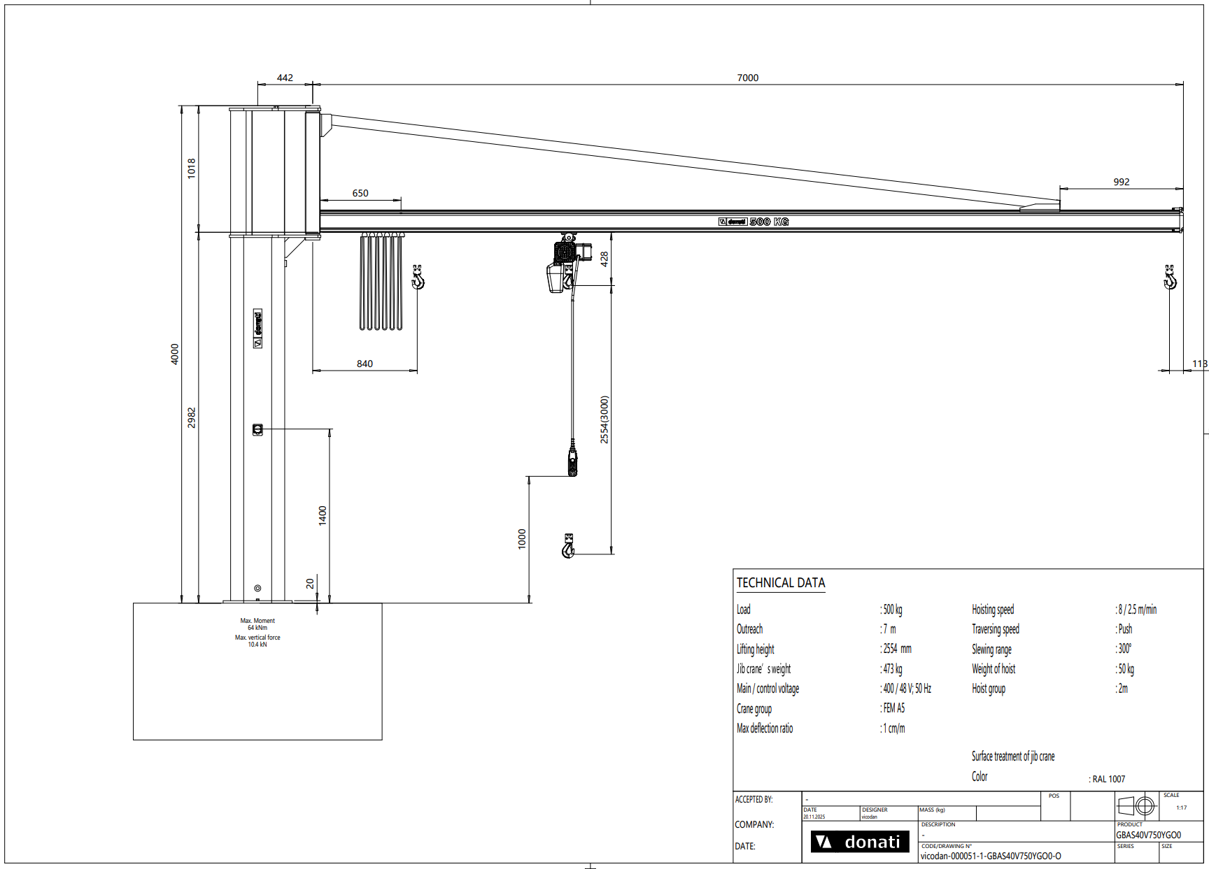 Pelarsvängkran Donati inkl. kättingtelfer / Maxlast: 500 kg / 7 m armlängd - 2