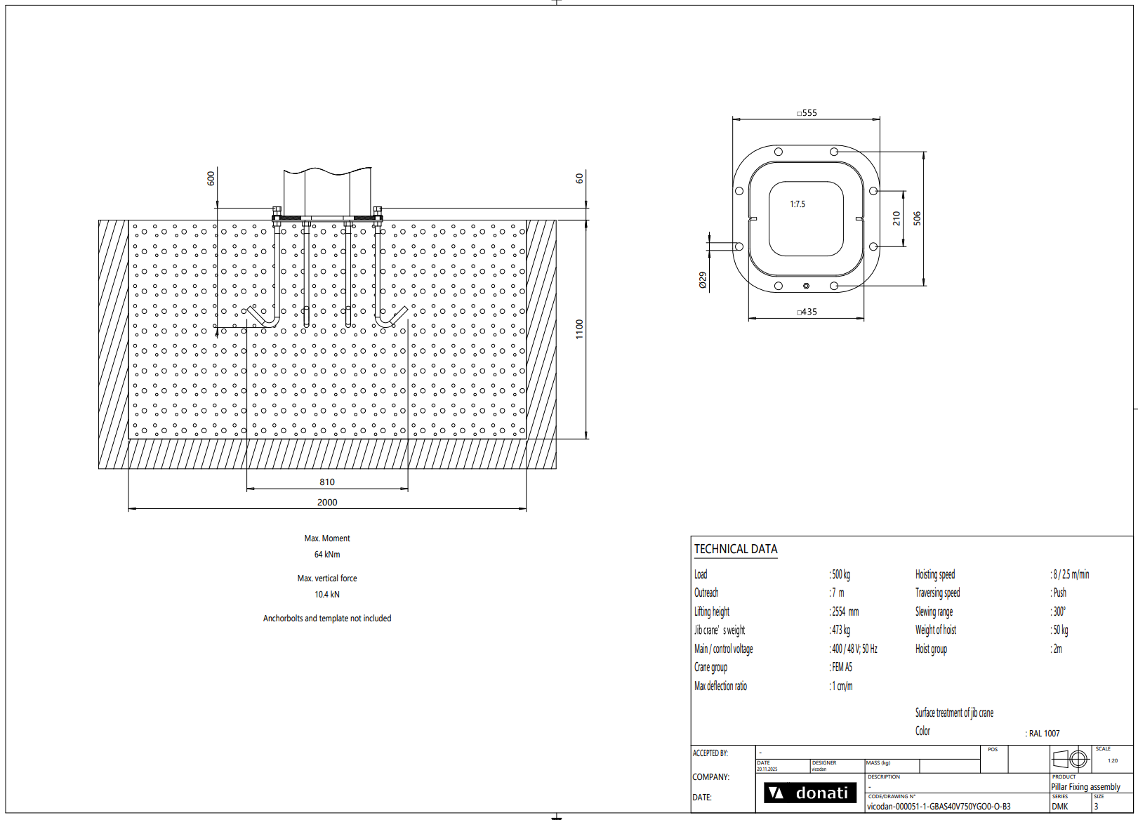 Pelarsvängkran Donati inkl. kättingtelfer / Maxlast: 500 kg / 7 m armlängd - 4
