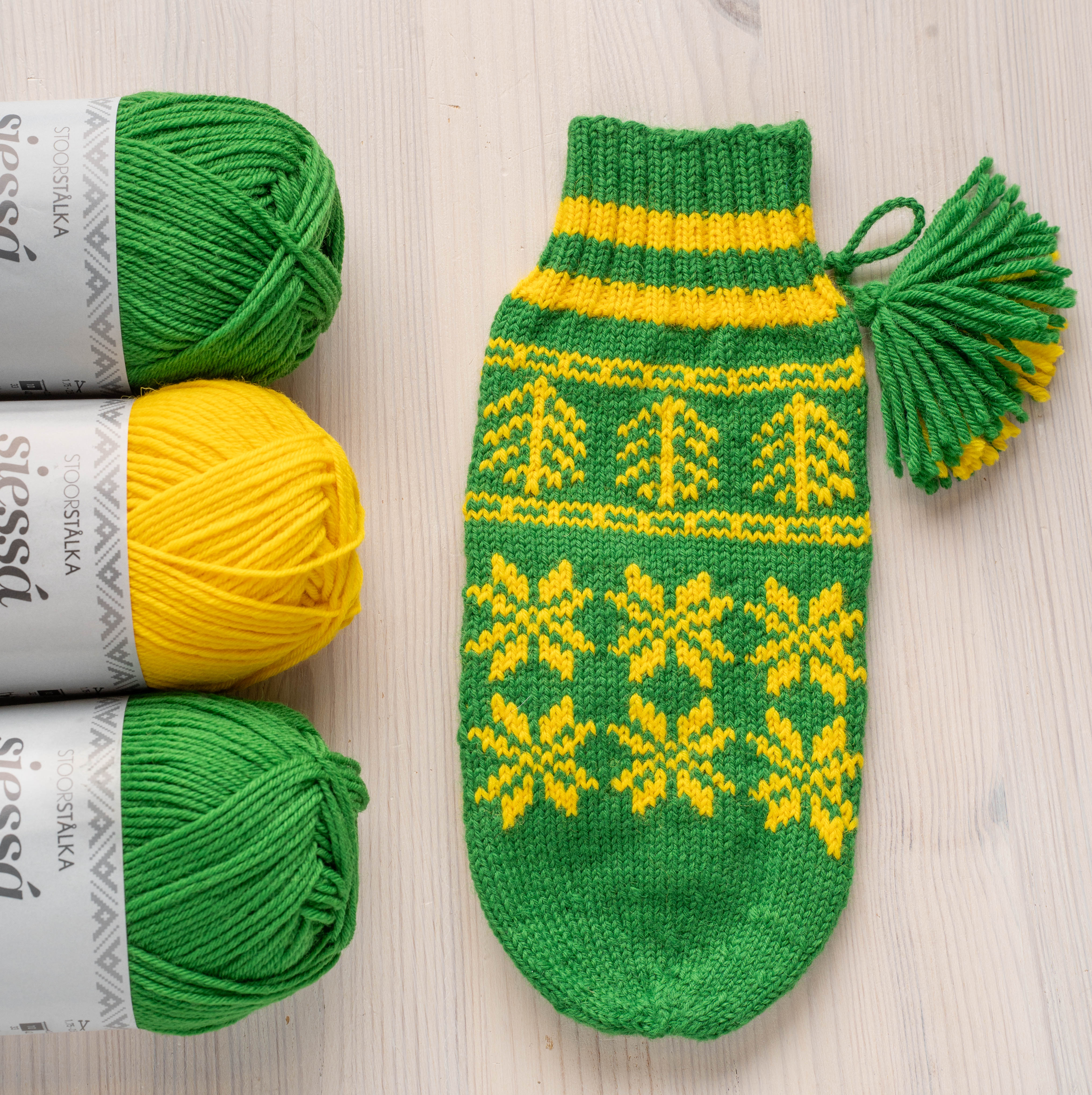 Strickset Fäustlinge Saarivuoma Karesuando Grün–Gelb