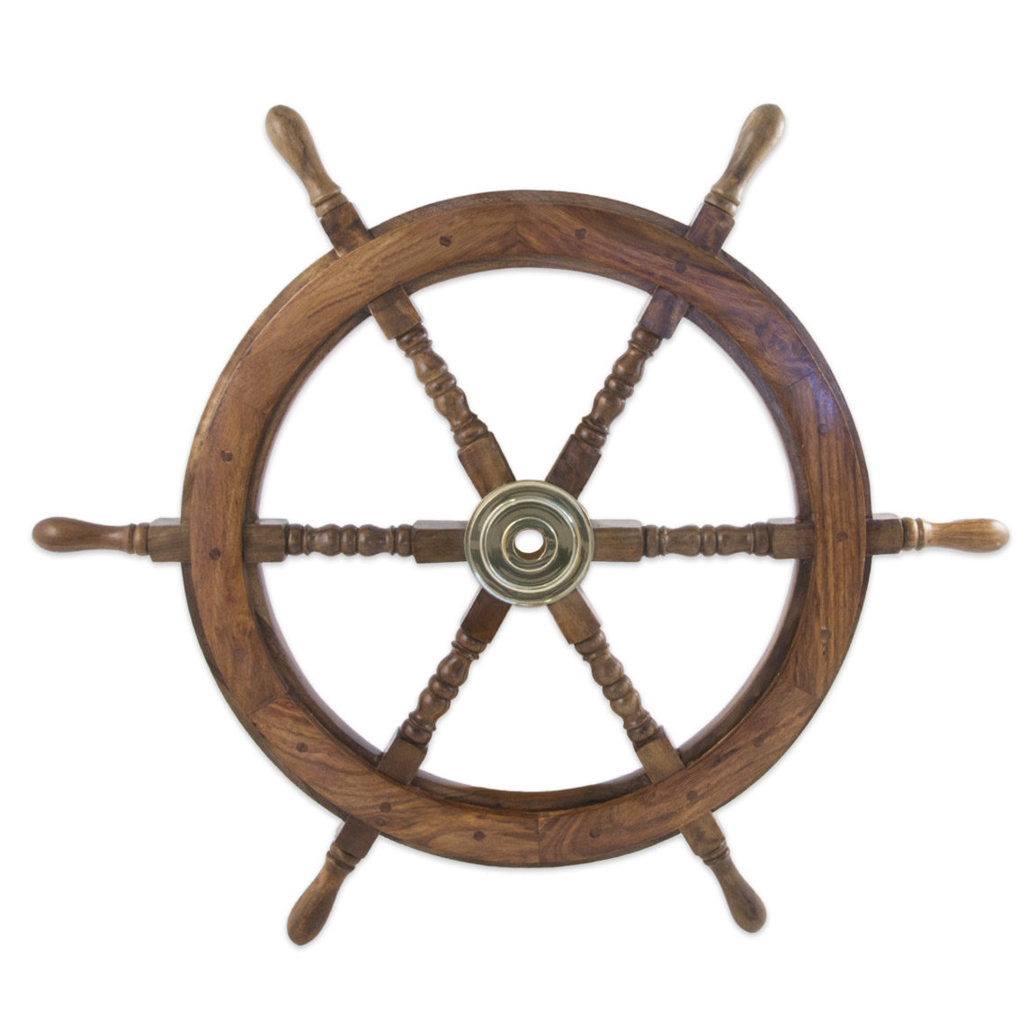 Stort skipsratt av tre med nav i messing (70 cm)