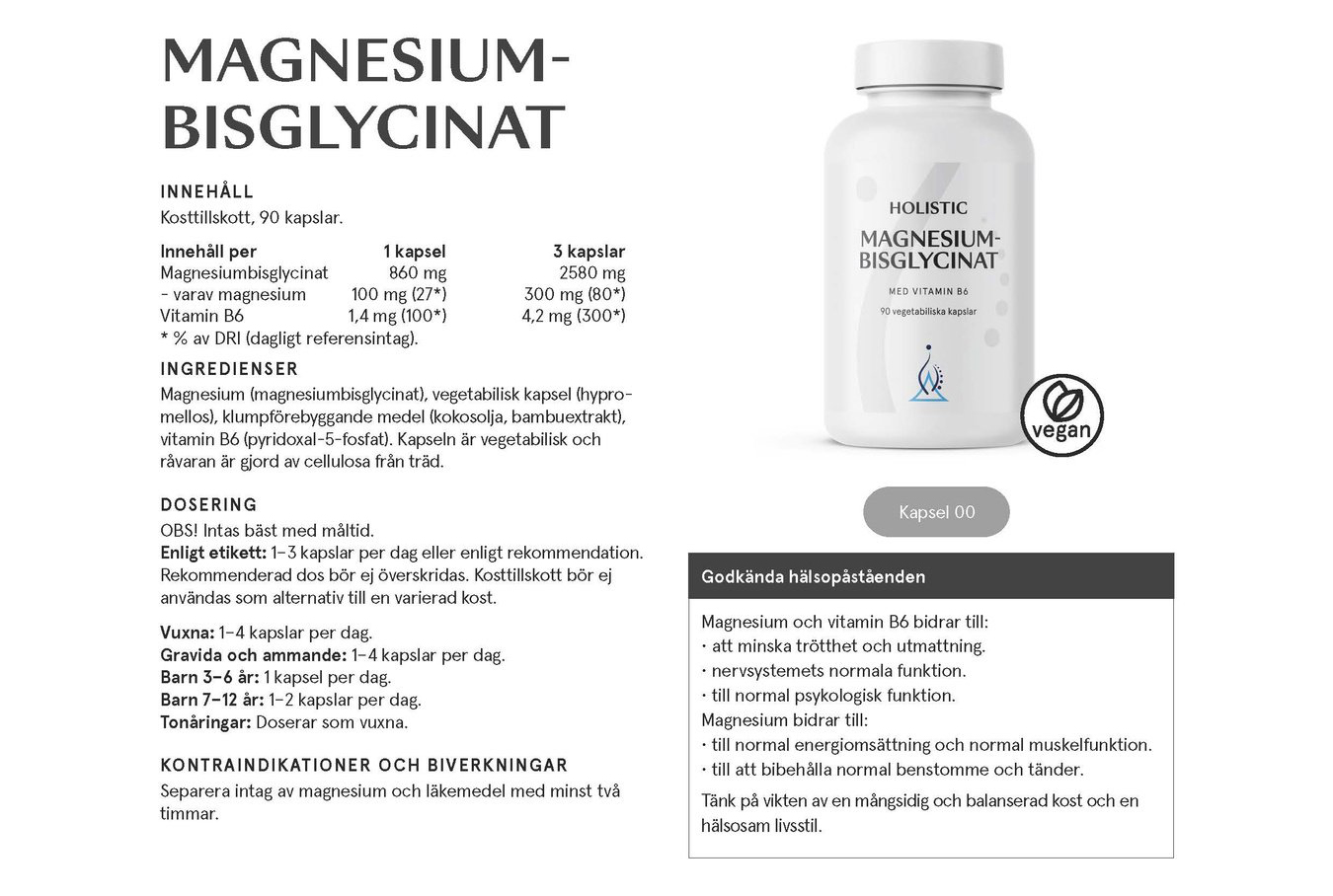Magnesiumbisglycinat 100 mg, 90 kap, Holistic - 2