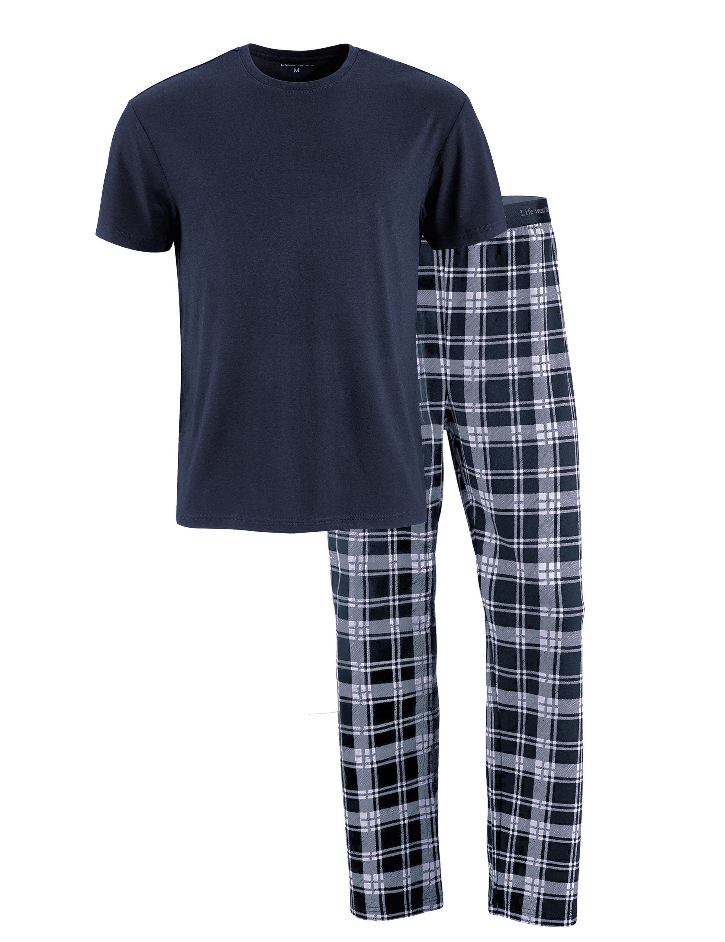 Rutiga pyjamasbyxor och blå t-shirt i bambu - herr