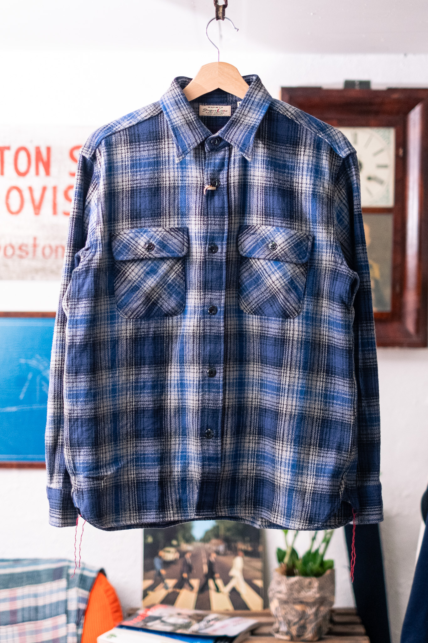 Sugar Cane - FR Herringbone Twill Check Work Shirt Navy