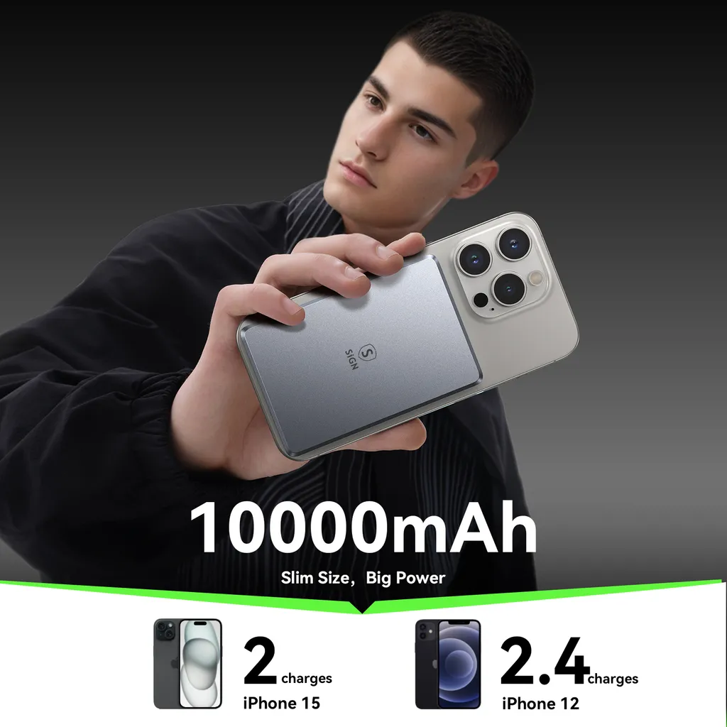 SiGN Ultratunn Magnetisk Powerbank 10000mAh, 20W - Grå - 3