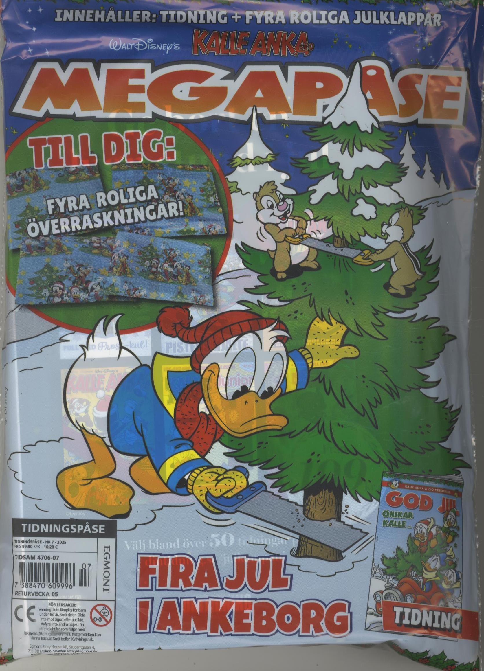 Tidningspåse nr 7 2025, Kalle Anka Megapåse med fyra roliga överraskningar