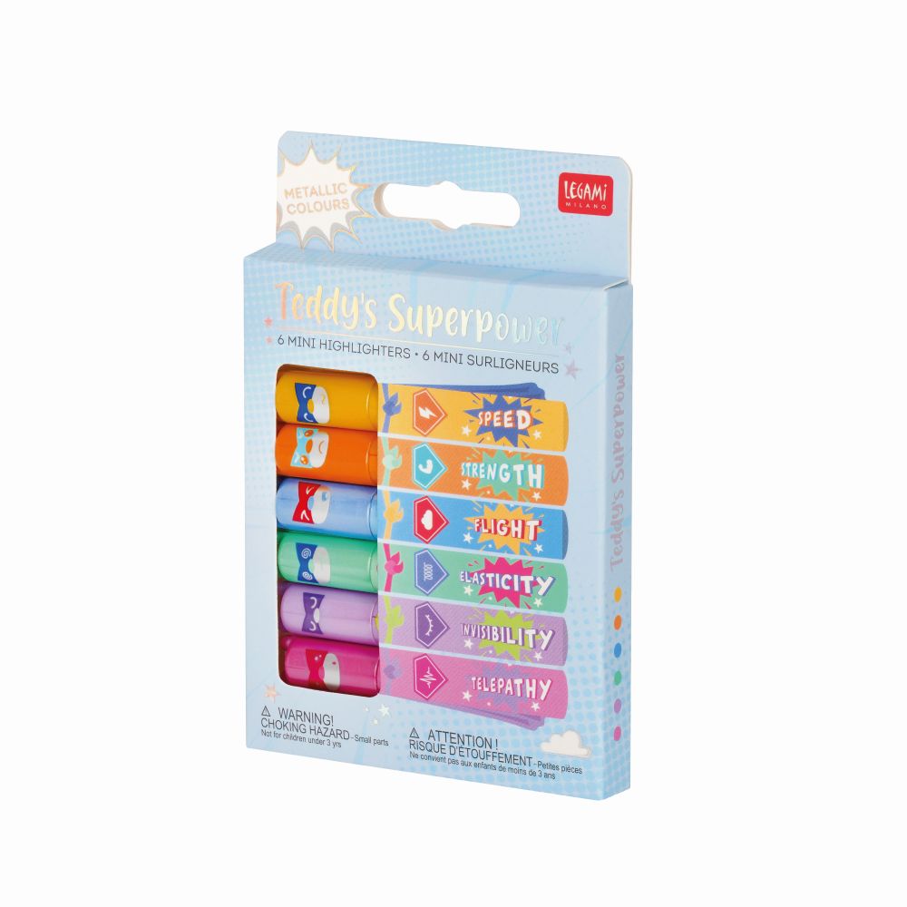 Teddy's superpower, set med 6 mini-highlighters med metallicfärger