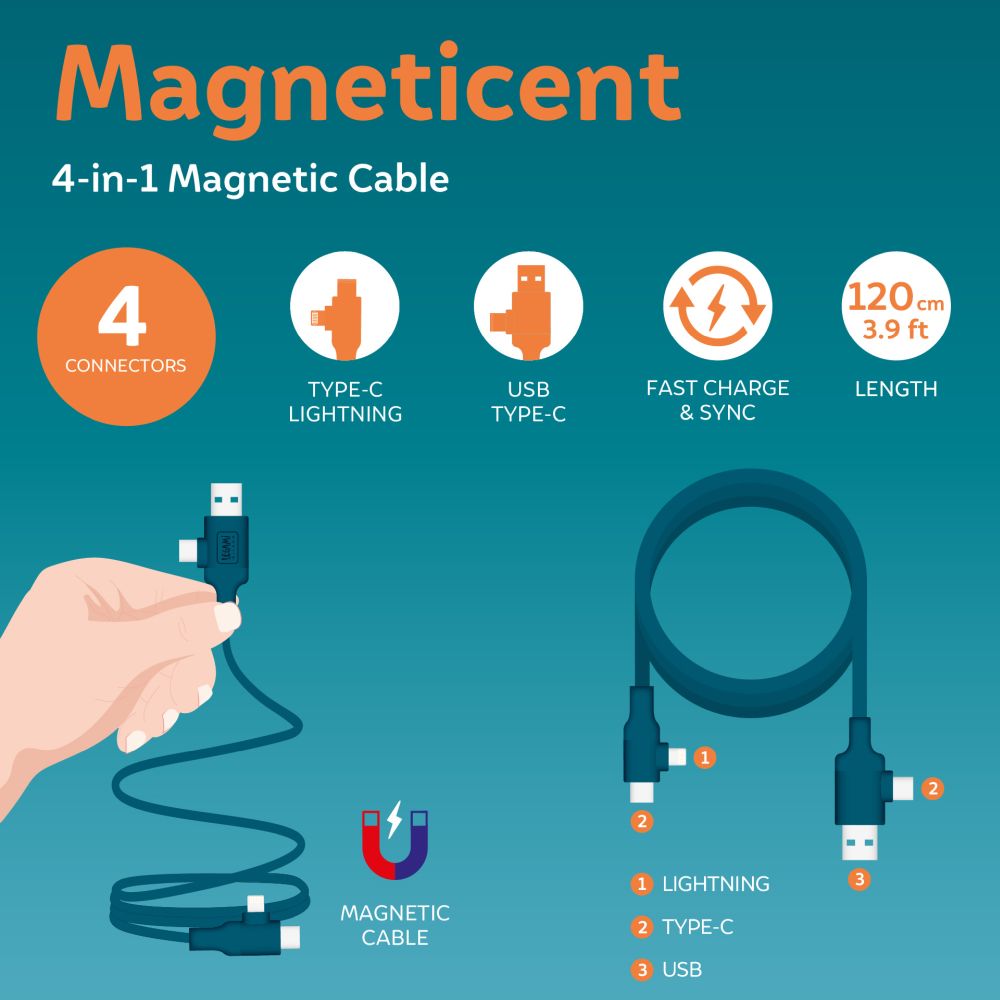 Magnetisk 4-i-1 Laddningskabel, Petrol - 4