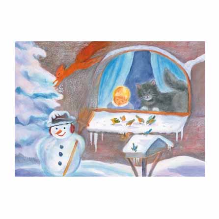 Snögubbe och katt  - konstkort med motiv av Dorothea Schmidt  3917