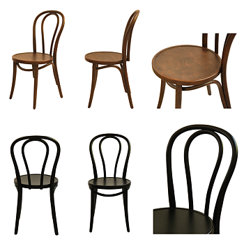 Trästol i böjd  bokträ färg valnöt eller i svart en klassisk restaurangstol