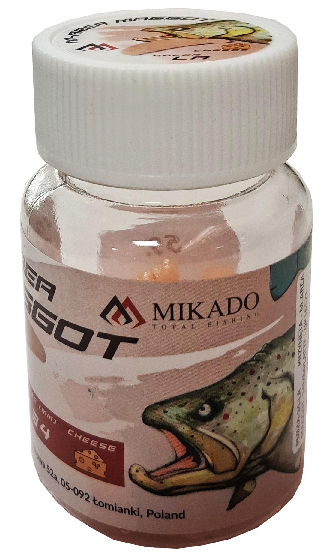 scent-impregnated imitation maggots with a strong cheese scent that spreads in the water and triggers the fish to bite