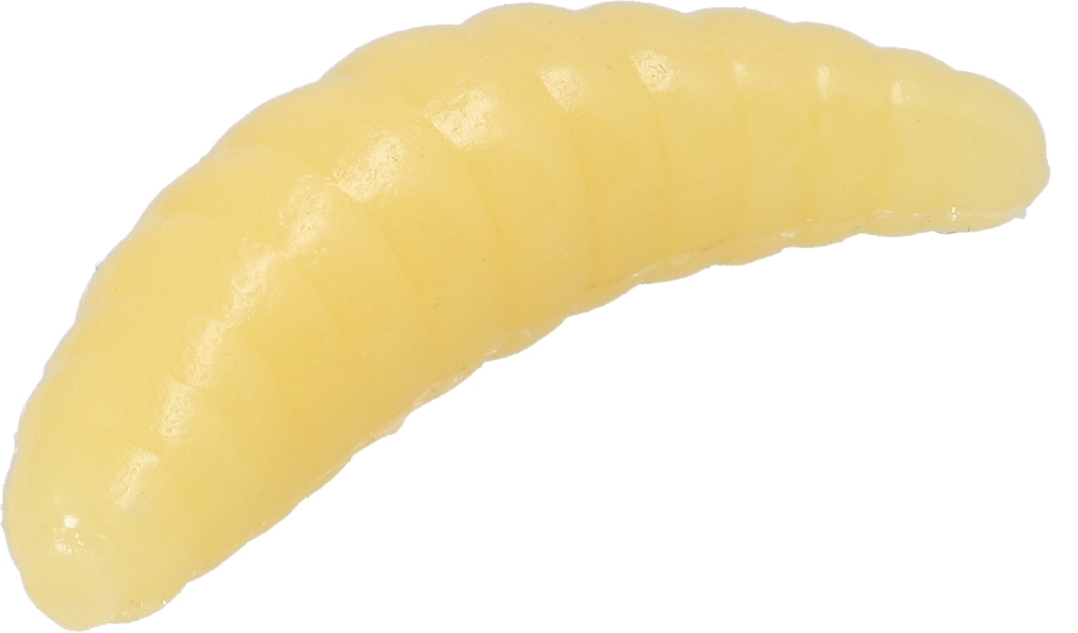 scent-impregnated imitation maggots with a strong cheese scent that spreads in the water and triggers the fish to bite
