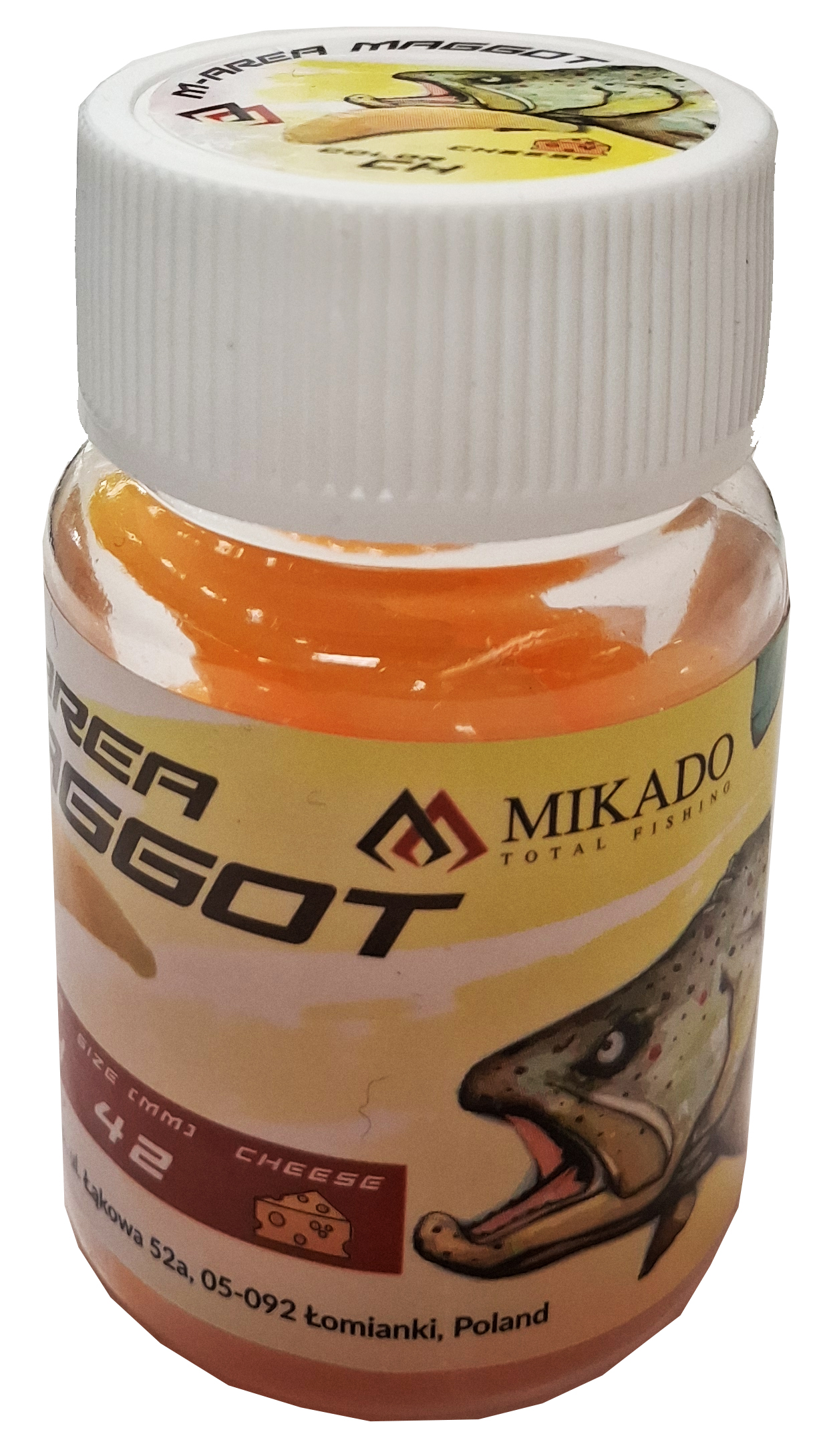 scent-impregnated imitation maggots with a strong cheese scent that spreads in the water and triggers the fish to bite