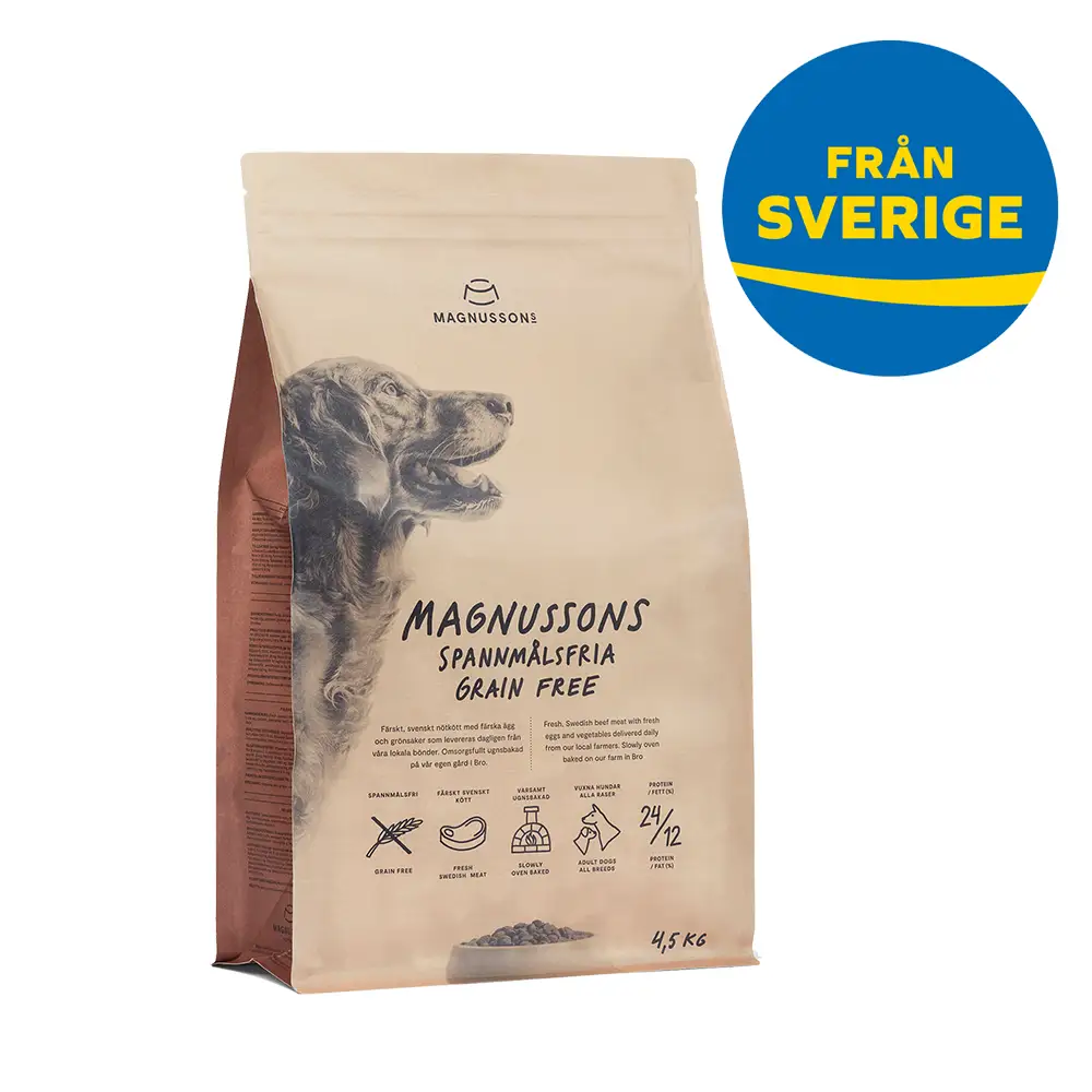 Spannmålsfri hundmat helfoder till hund ingen gluten eller spannmål. Innehåller färskt kött. Från Sverige