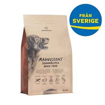 Grain-free dog food complete food for dogs no gluten or grain. Contains fresh meat. From Sweden