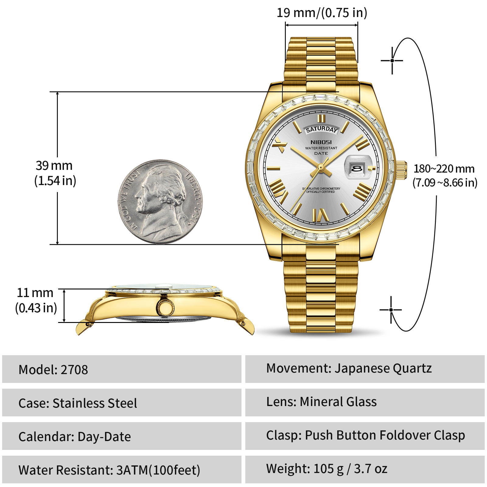 Nibosi Day-Date President Gold Silver - 11
