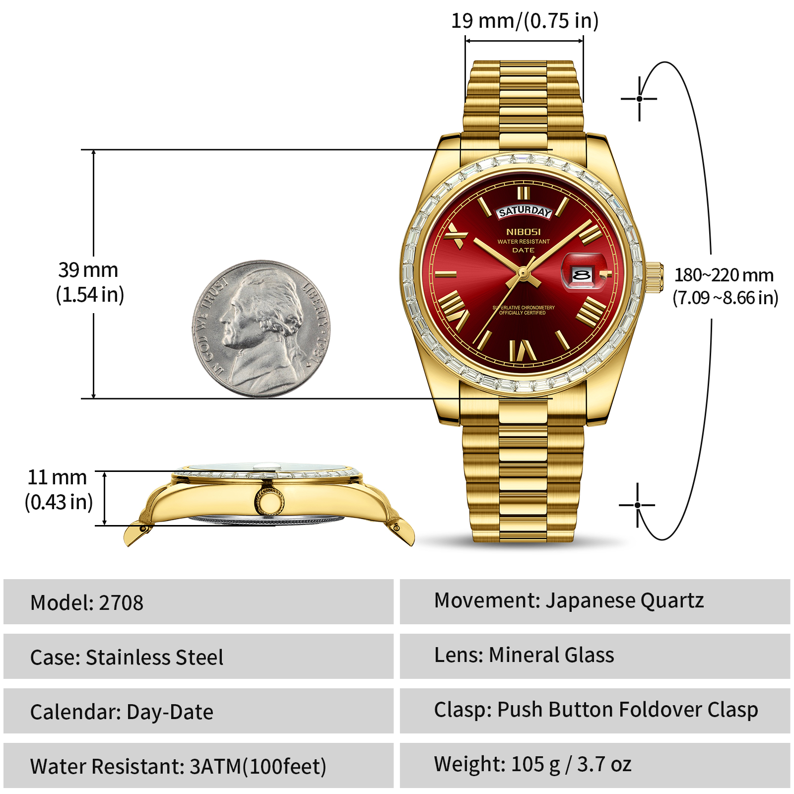 Nibosi Day-Date President Gold Red - 11