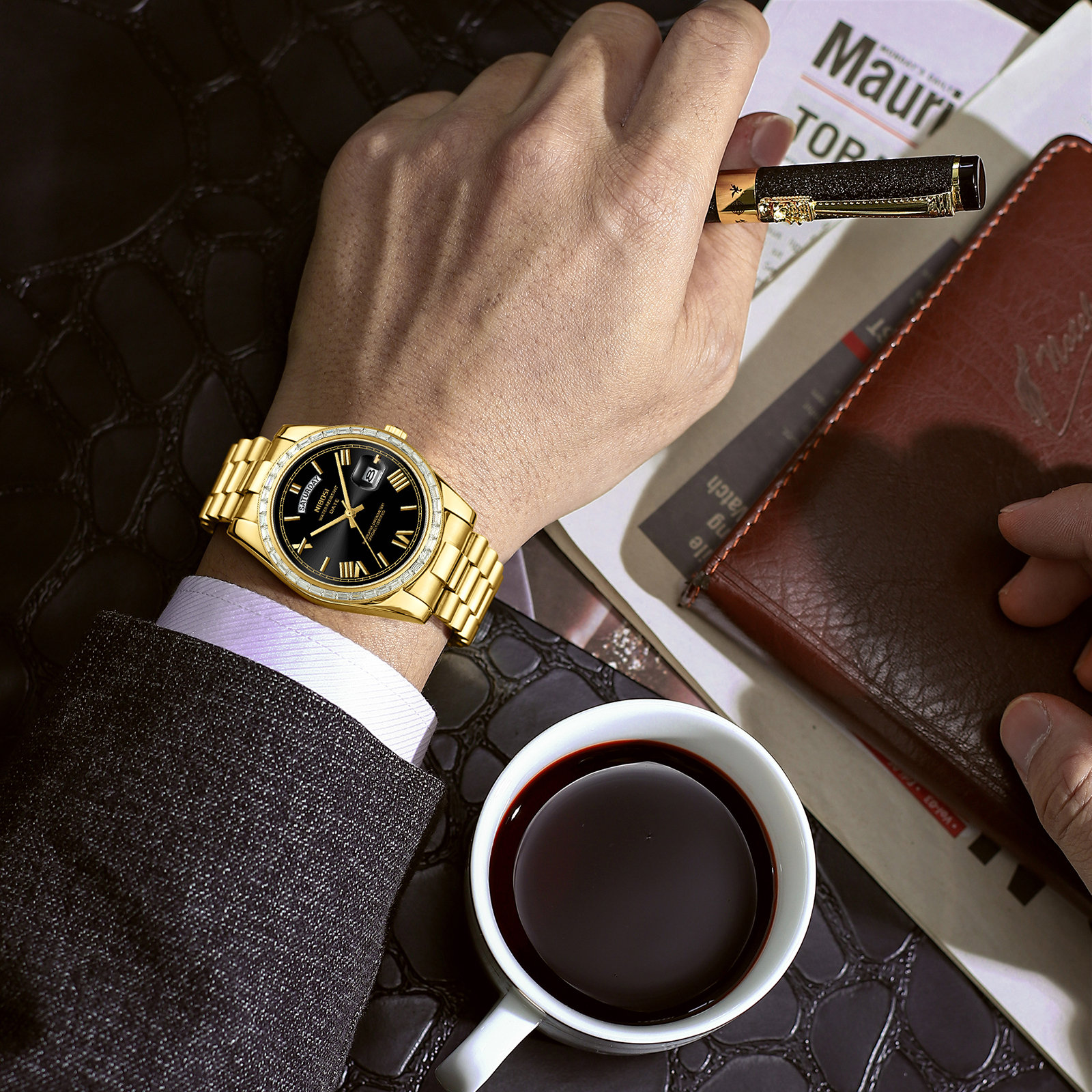 Nibosi Day-Date President Gold Black - 6
