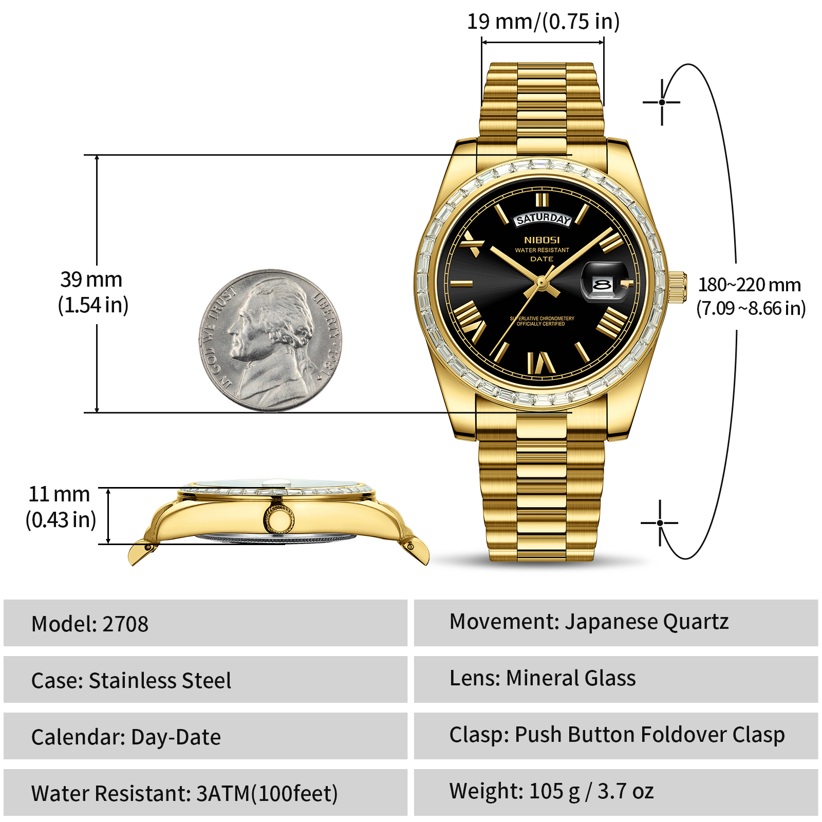 Nibosi Day-Date President Gold Black - 11