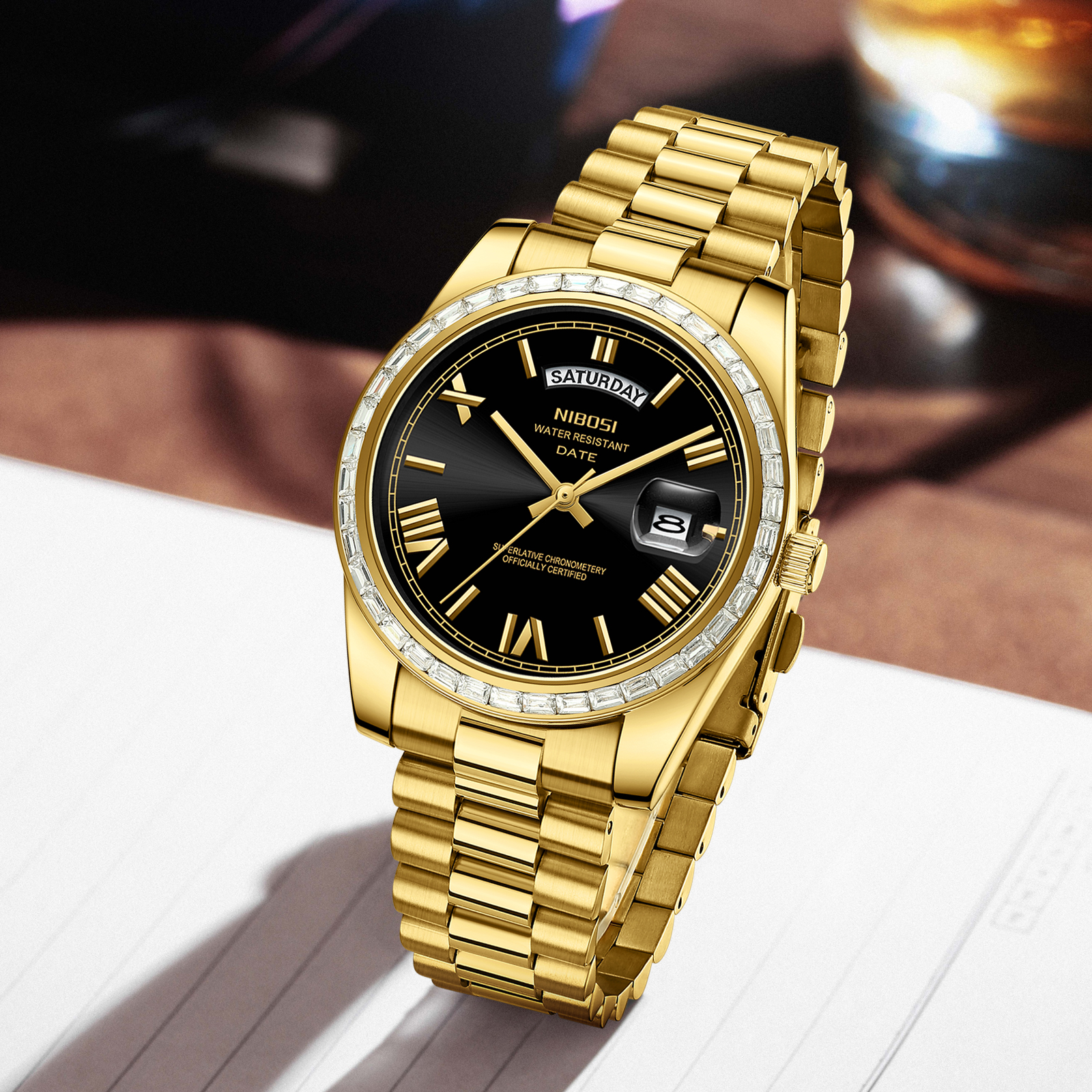 Nibosi Day-Date President Gold Black - 8