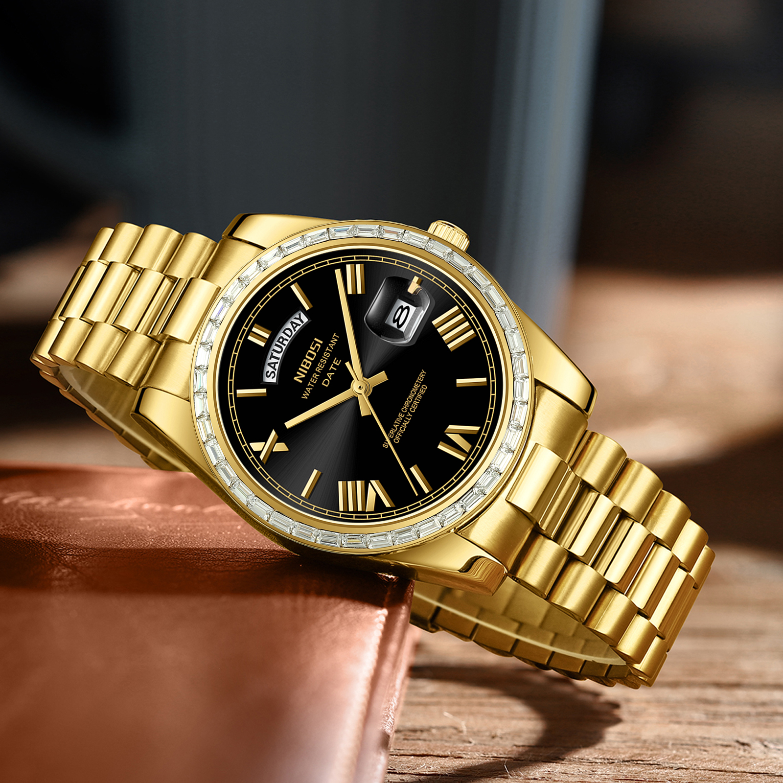 Nibosi Day-Date President Gold Black - 5