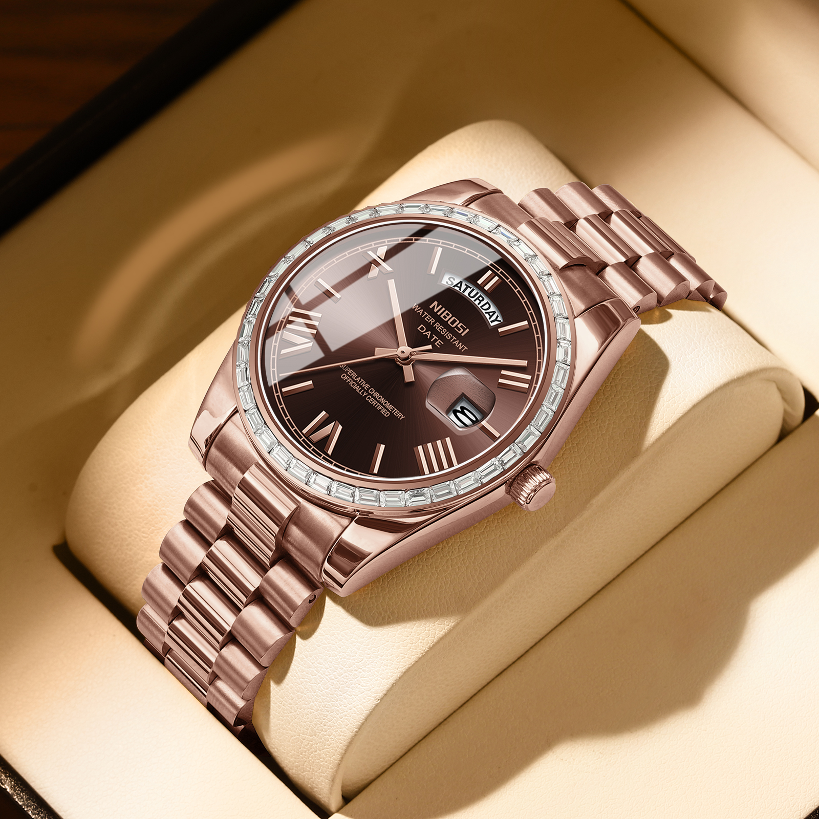 Nibosi Day-Date President Rose Gold Brown - 4