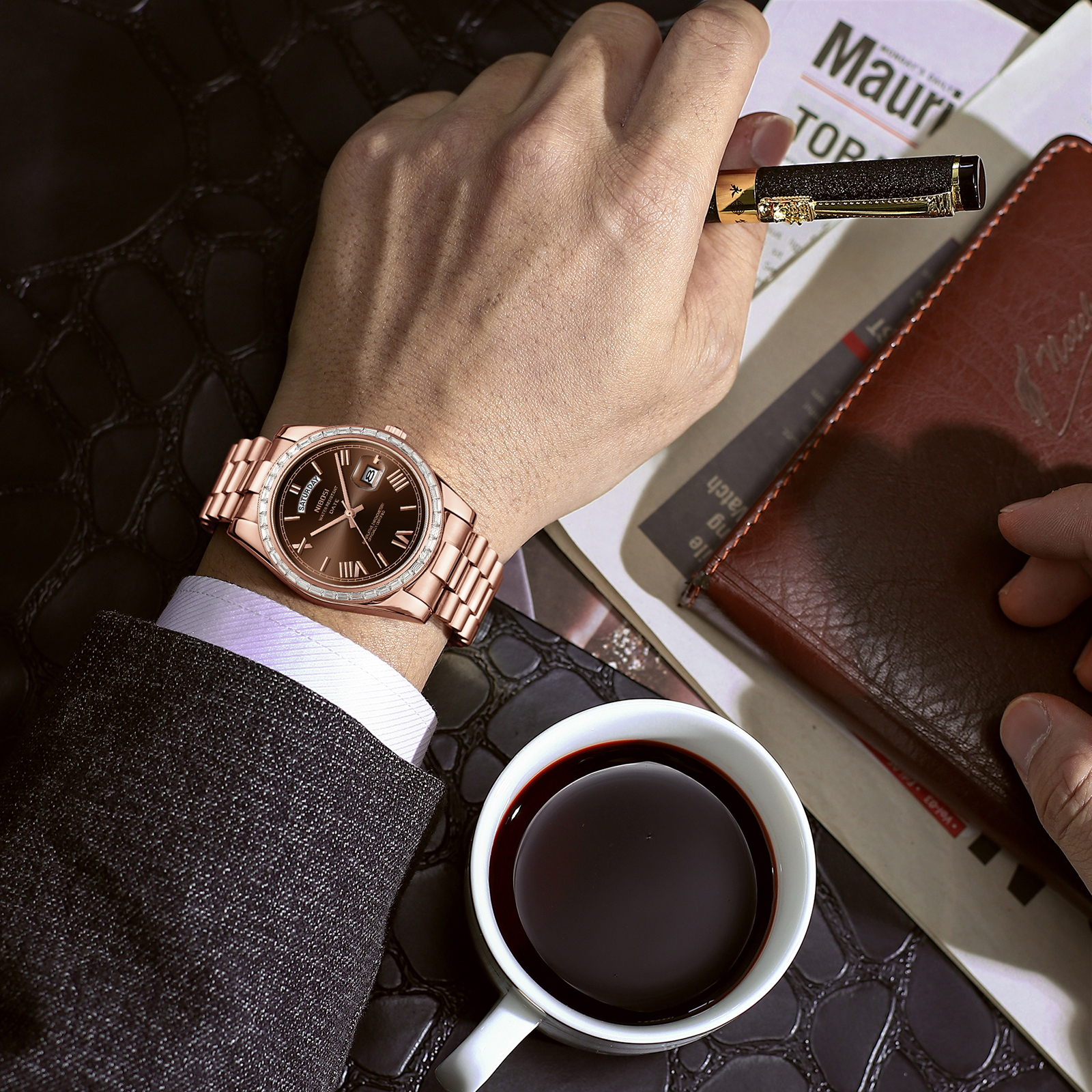 Nibosi Day-Date President Rose Gold Brown - 6