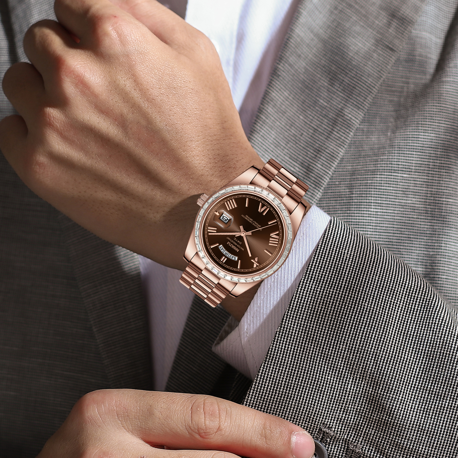 Nibosi Day-Date President Rose Gold Brown - 7