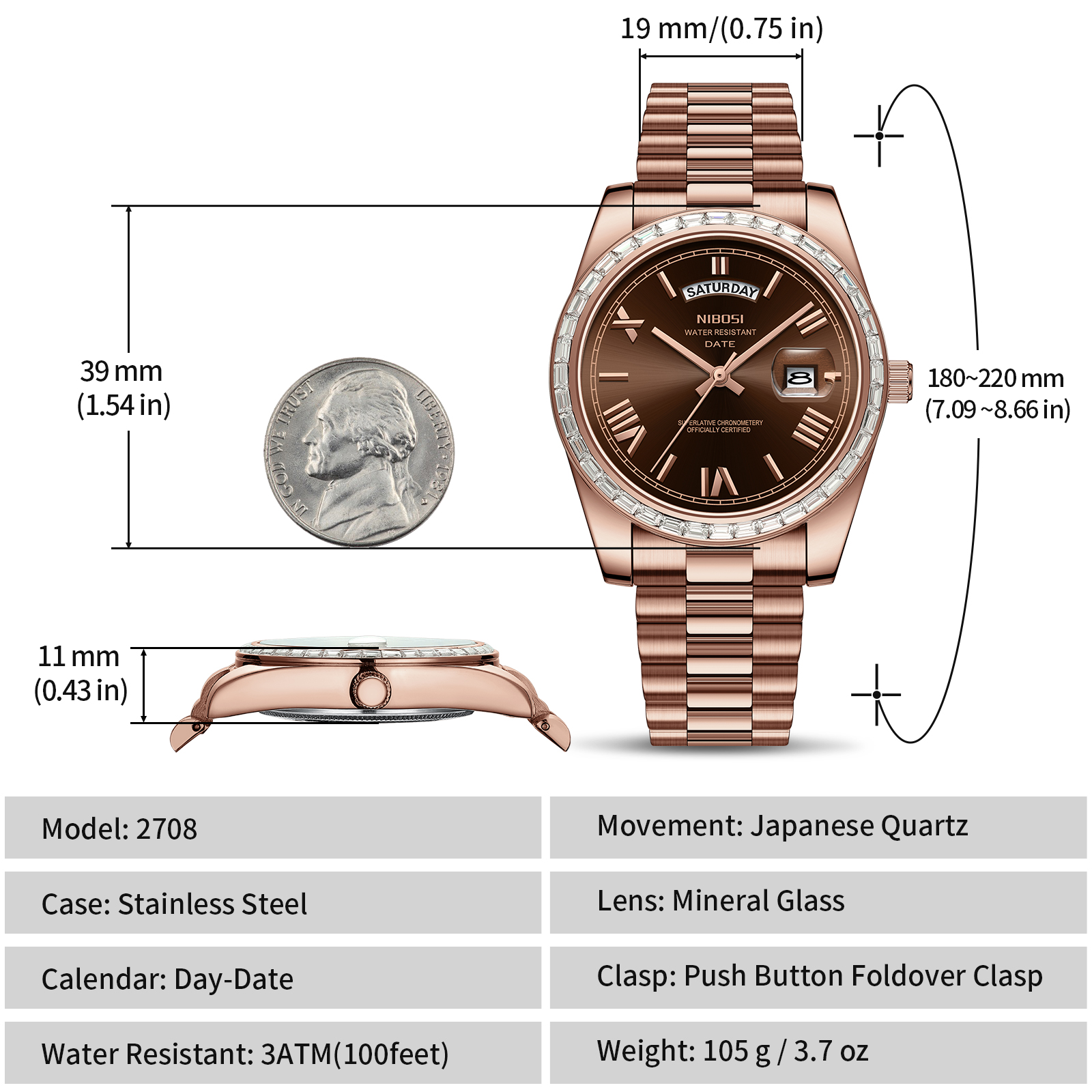 Nibosi Day-Date President Rose Gold Brown - 11