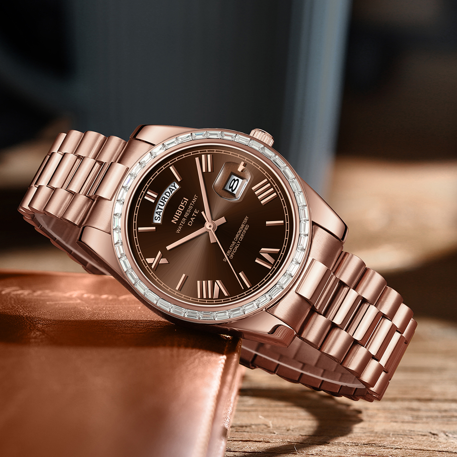 Nibosi Day-Date President Rose Gold Brown - 5