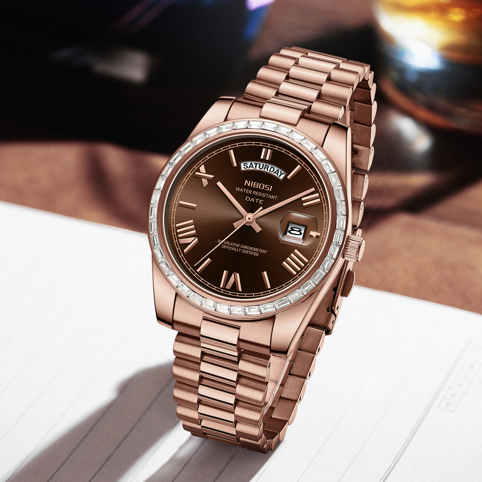 Nibosi Day-Date President Rose Gold Brown - 8