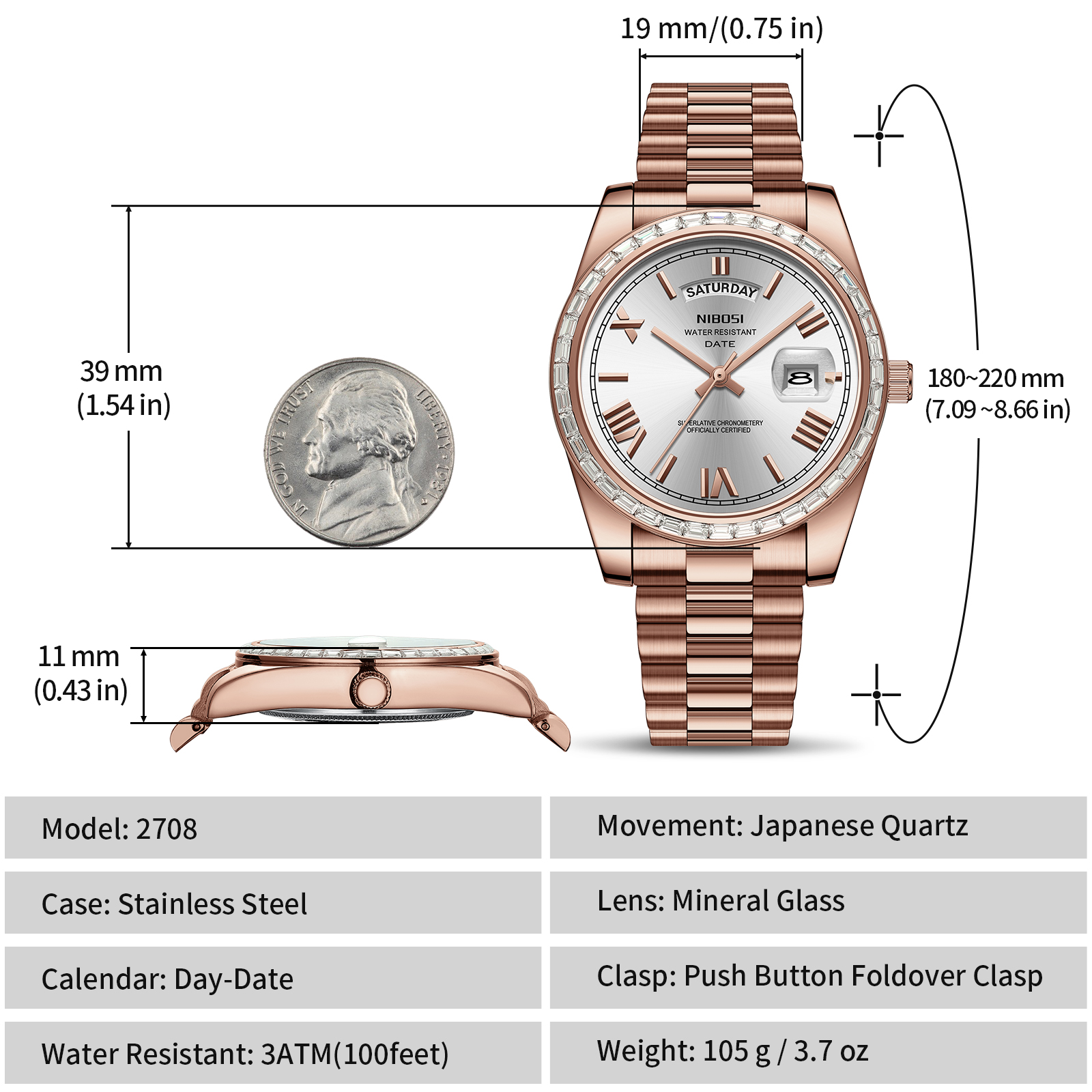 Nibosi Day-Date President Rose Gold Silver - 11