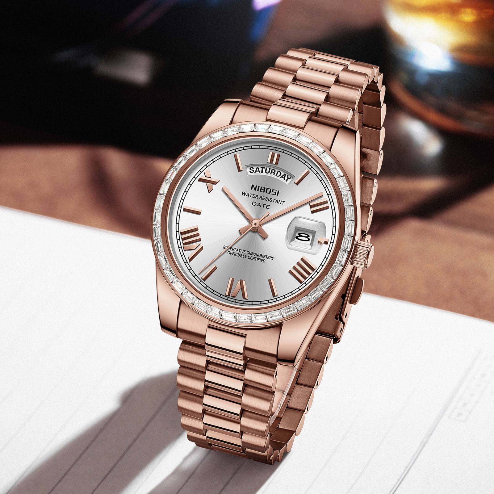 Nibosi Day-Date President Rose Gold Silver - 8