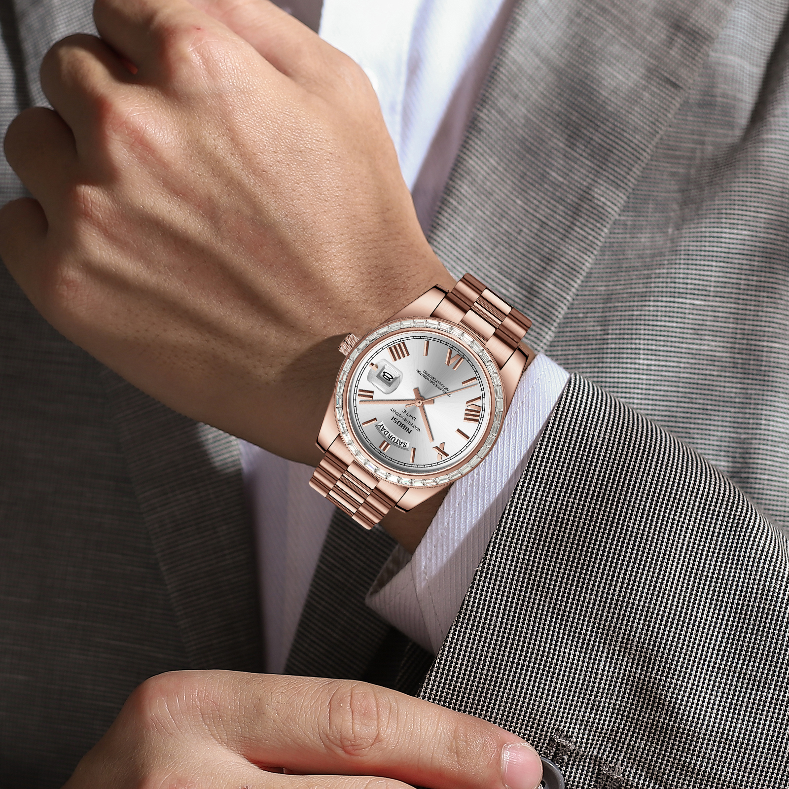 Nibosi Day-Date President Rose Gold Silver - 7