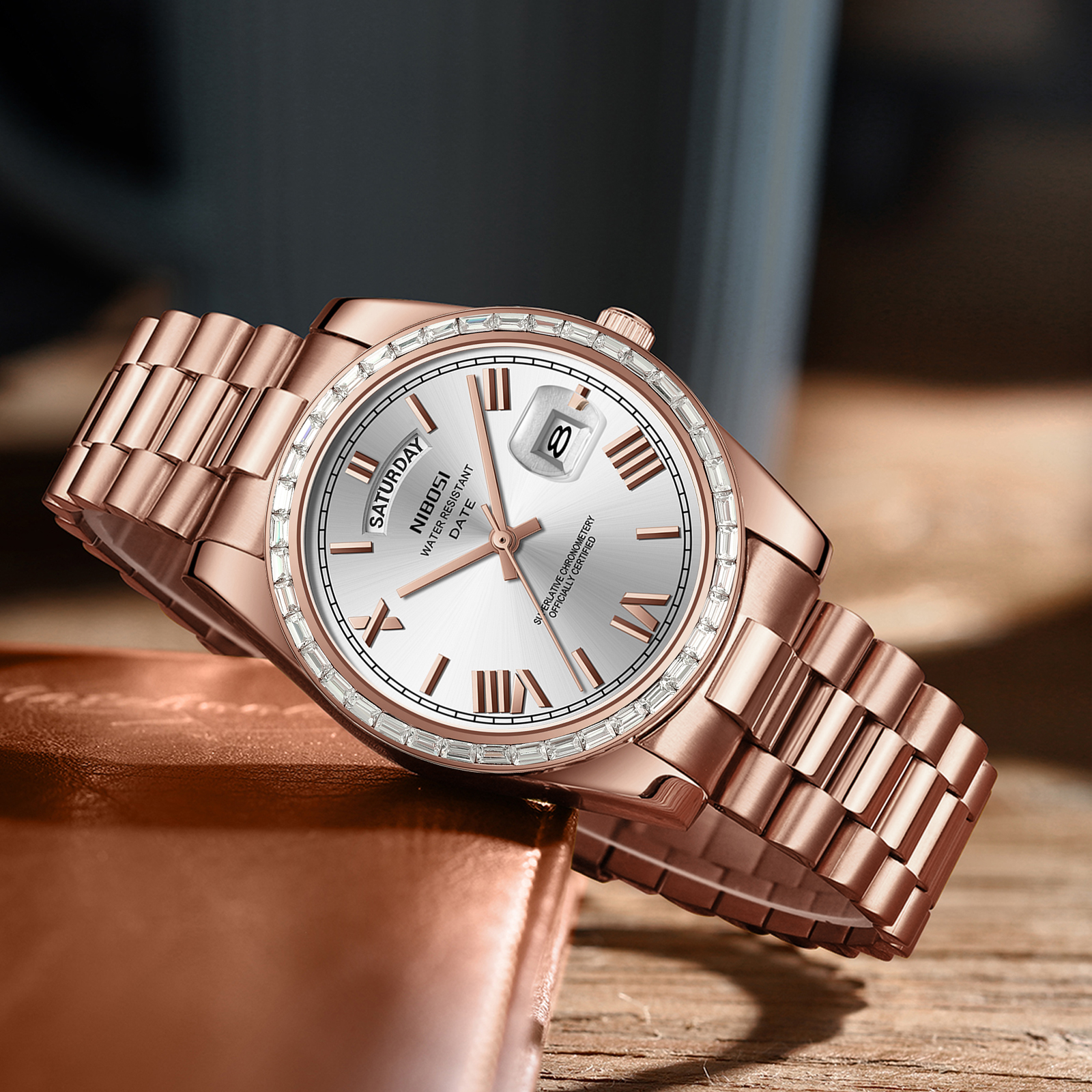 Nibosi Day-Date President Rose Gold Silver - 5
