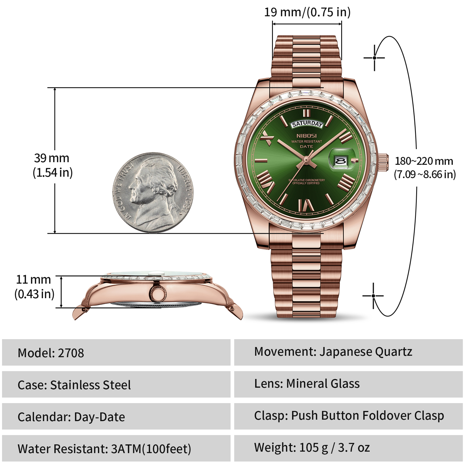 Nibosi Day-Date President Rose Gold Green - 11