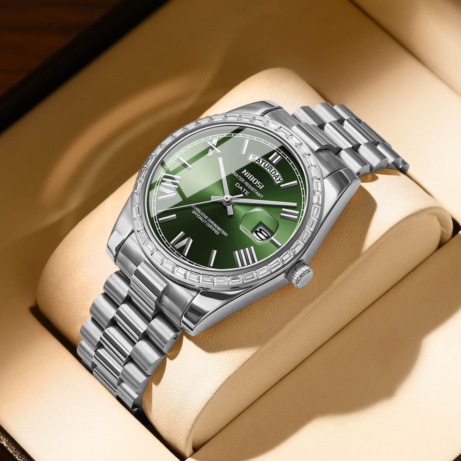 Nibosi Day-Date President Silver Green - 4