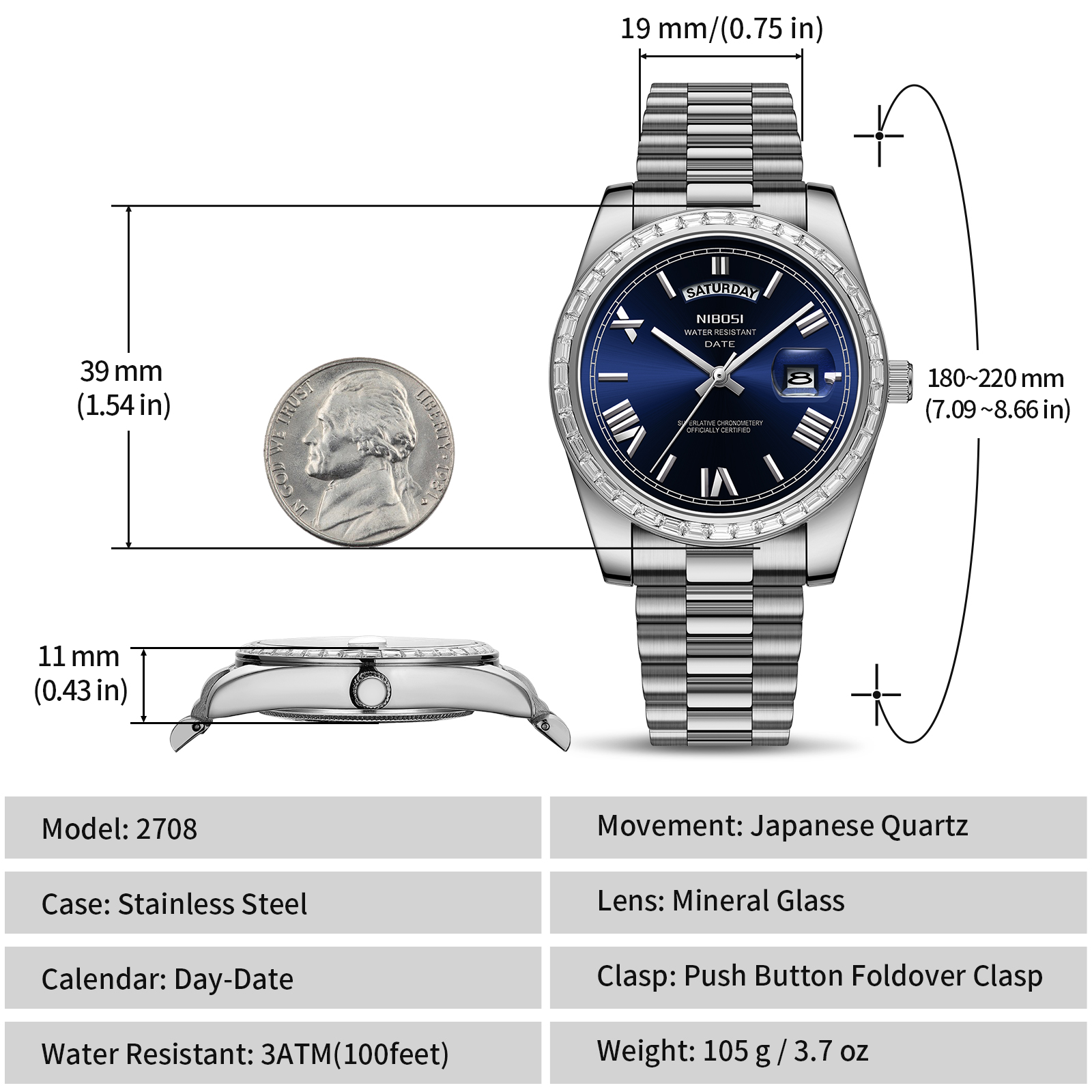 Nibosi Day-Date President Silver Blue - 11