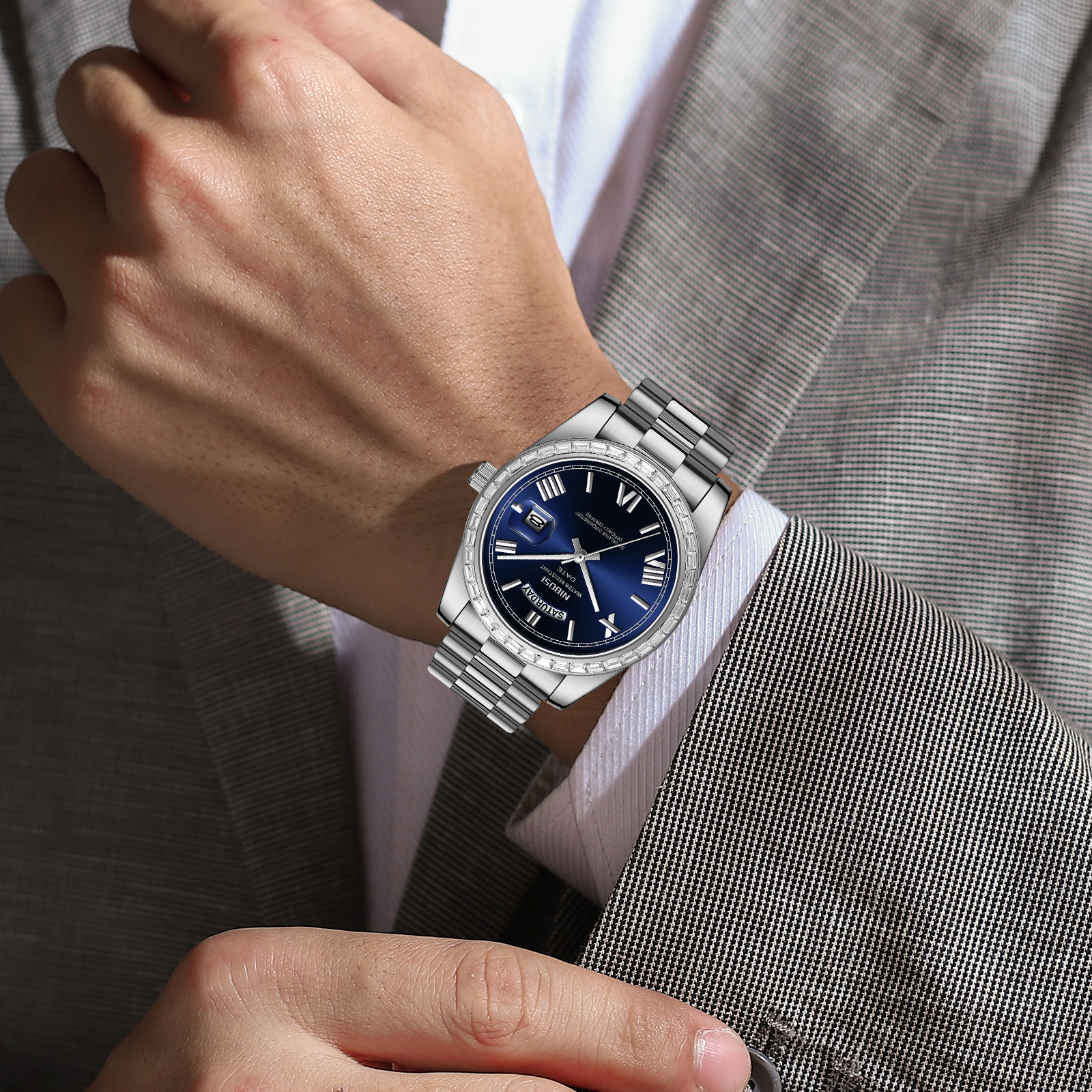 Nibosi Day-Date President Silver Blue - 7
