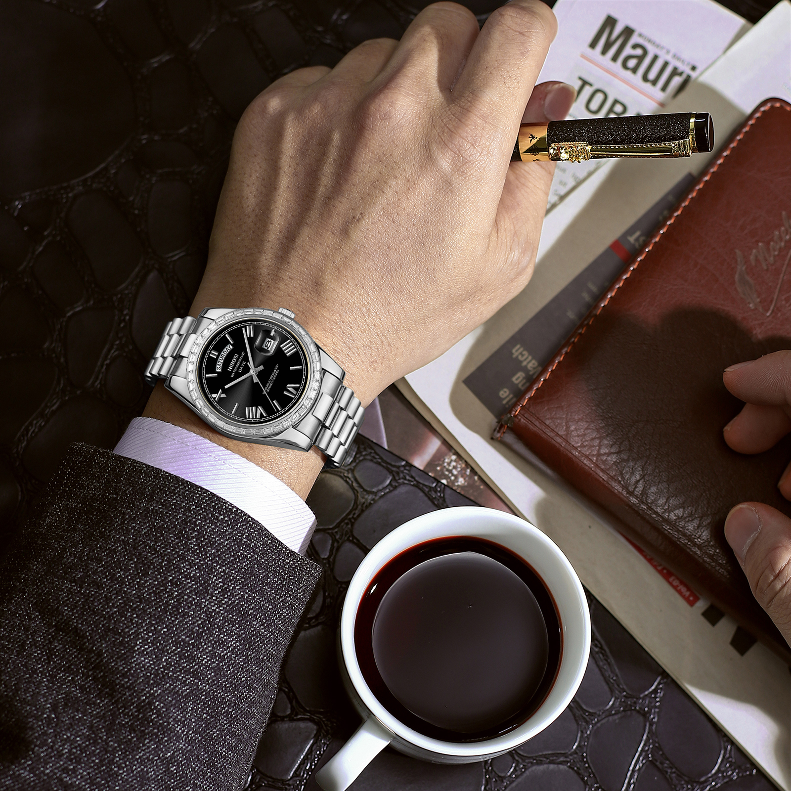 Nibosi Day-Date President Silver Black - 6