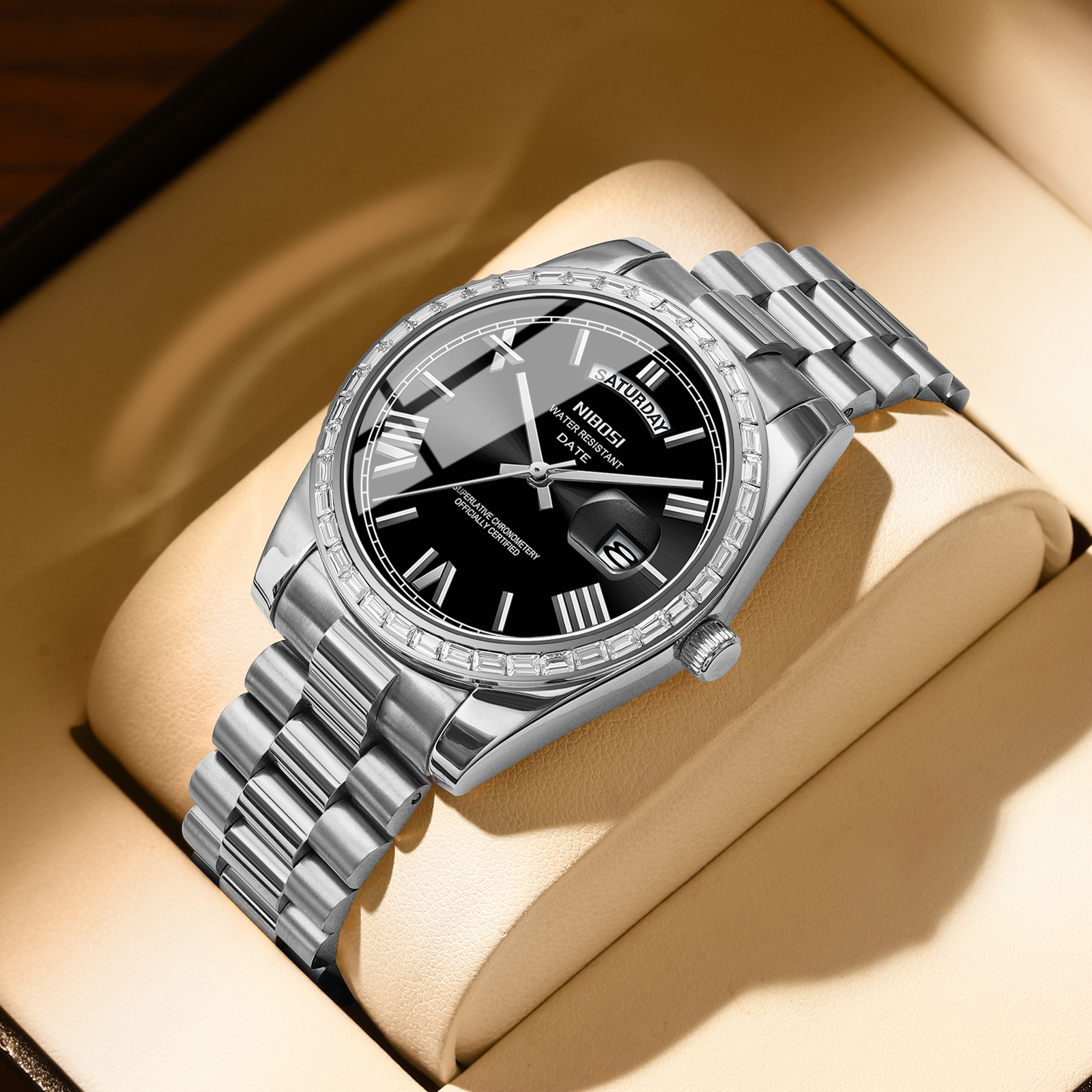 Nibosi Day-Date President Silver Black - 4