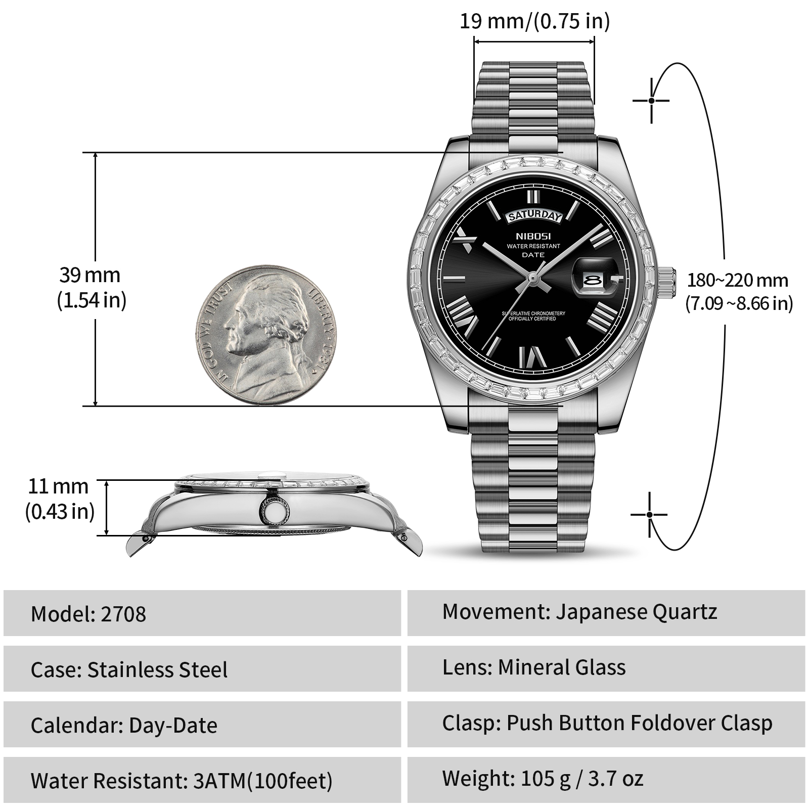 Nibosi Day-Date President Silver Black - 11