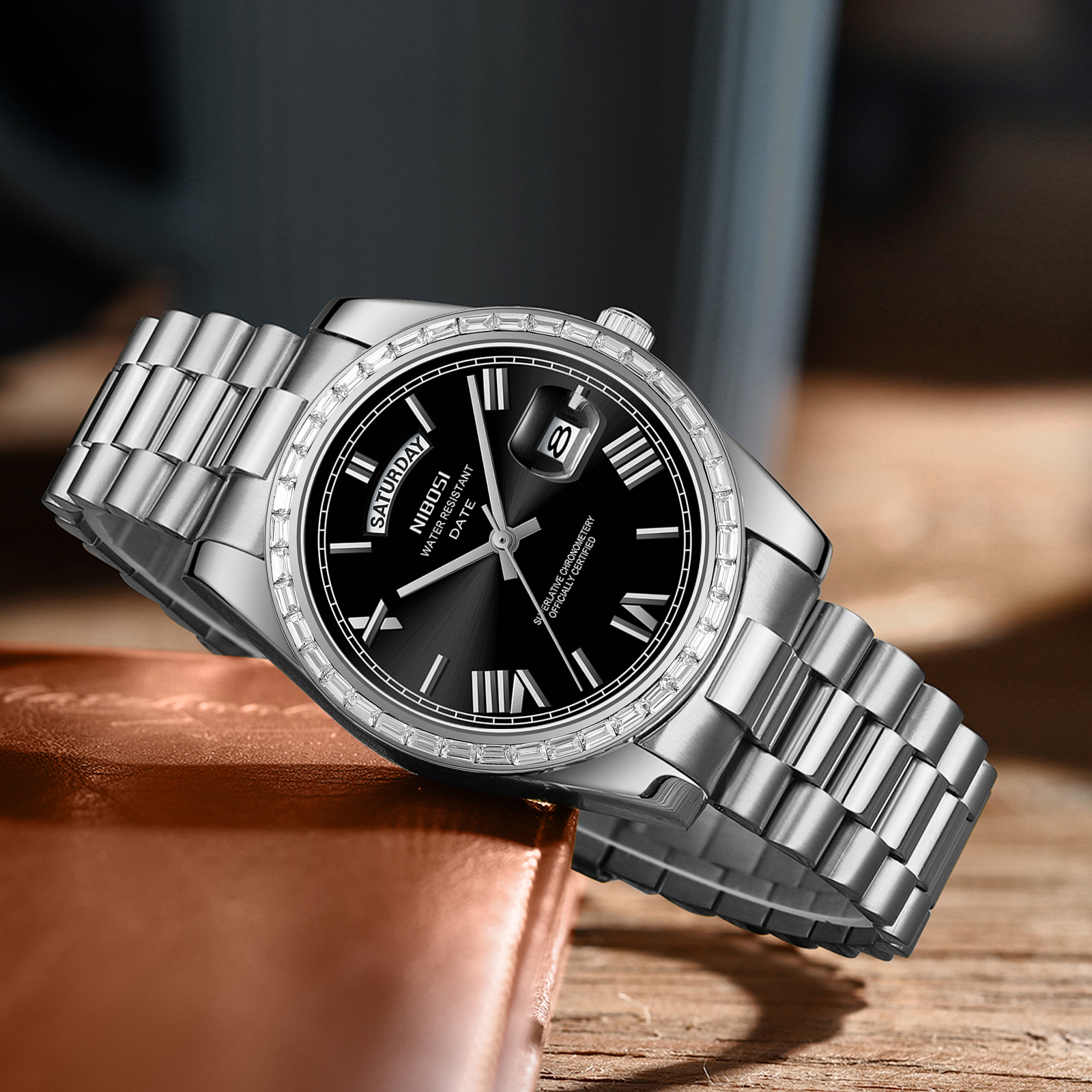 Nibosi Day-Date President Silver Black - 5