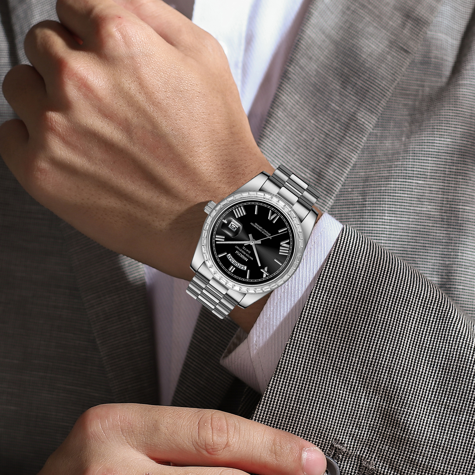 Nibosi Day-Date President Silver Black - 7