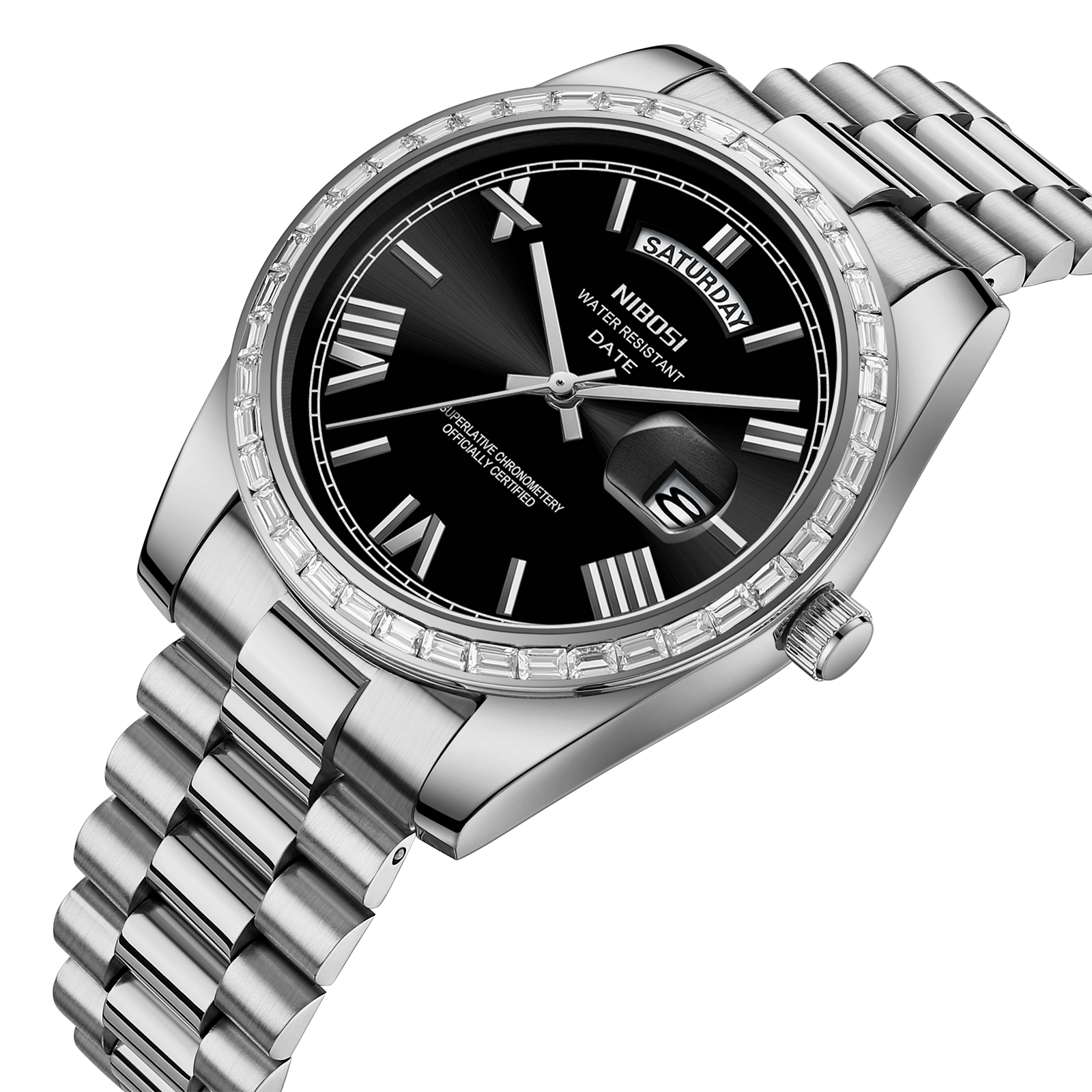 Nibosi Day-Date President Silver Black - 2