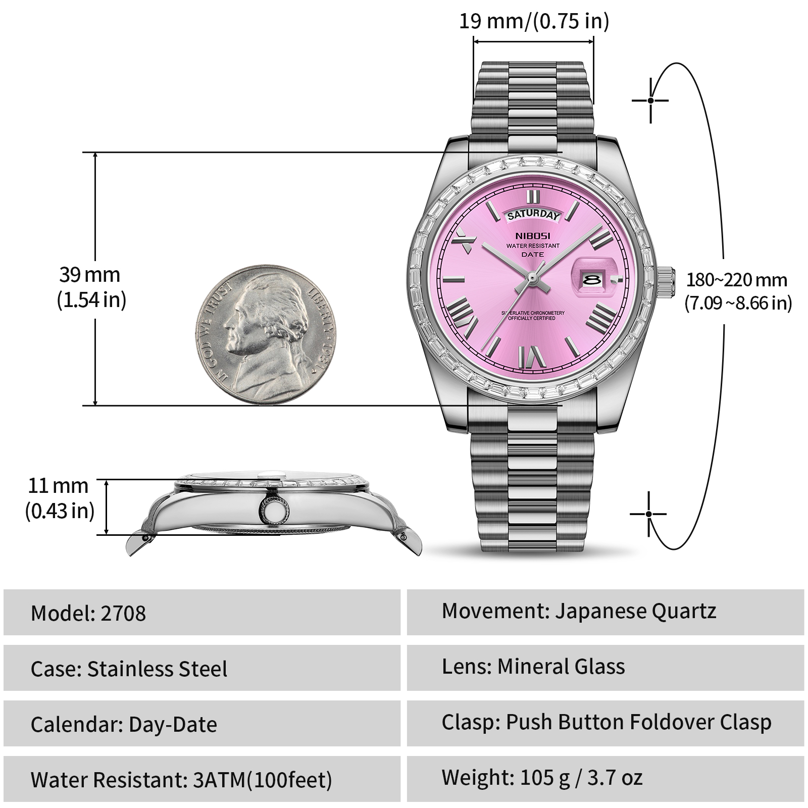 Nibosi Day-Date President Silver Pink - 11