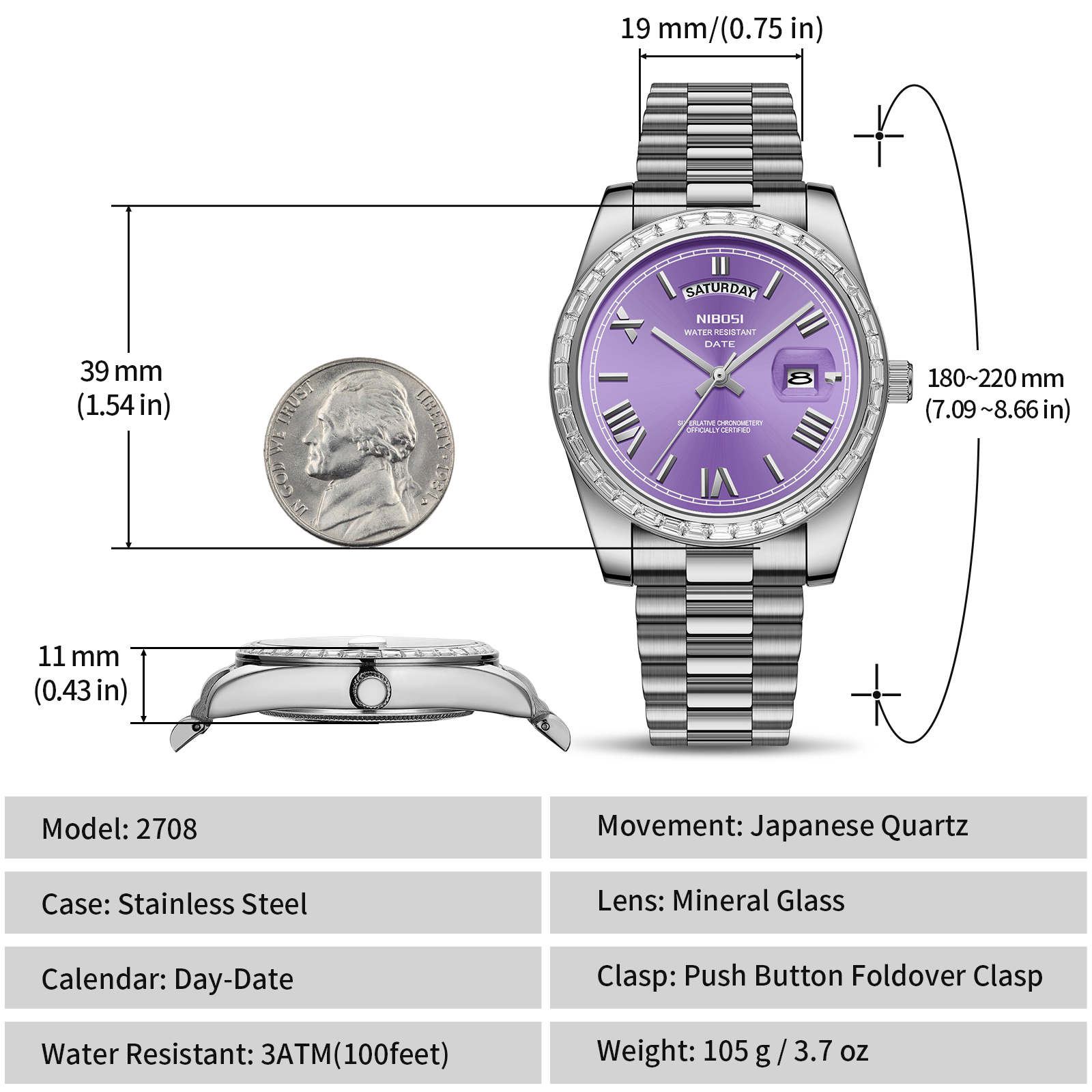 Nibosi Day-Date President Silver Purple - 11