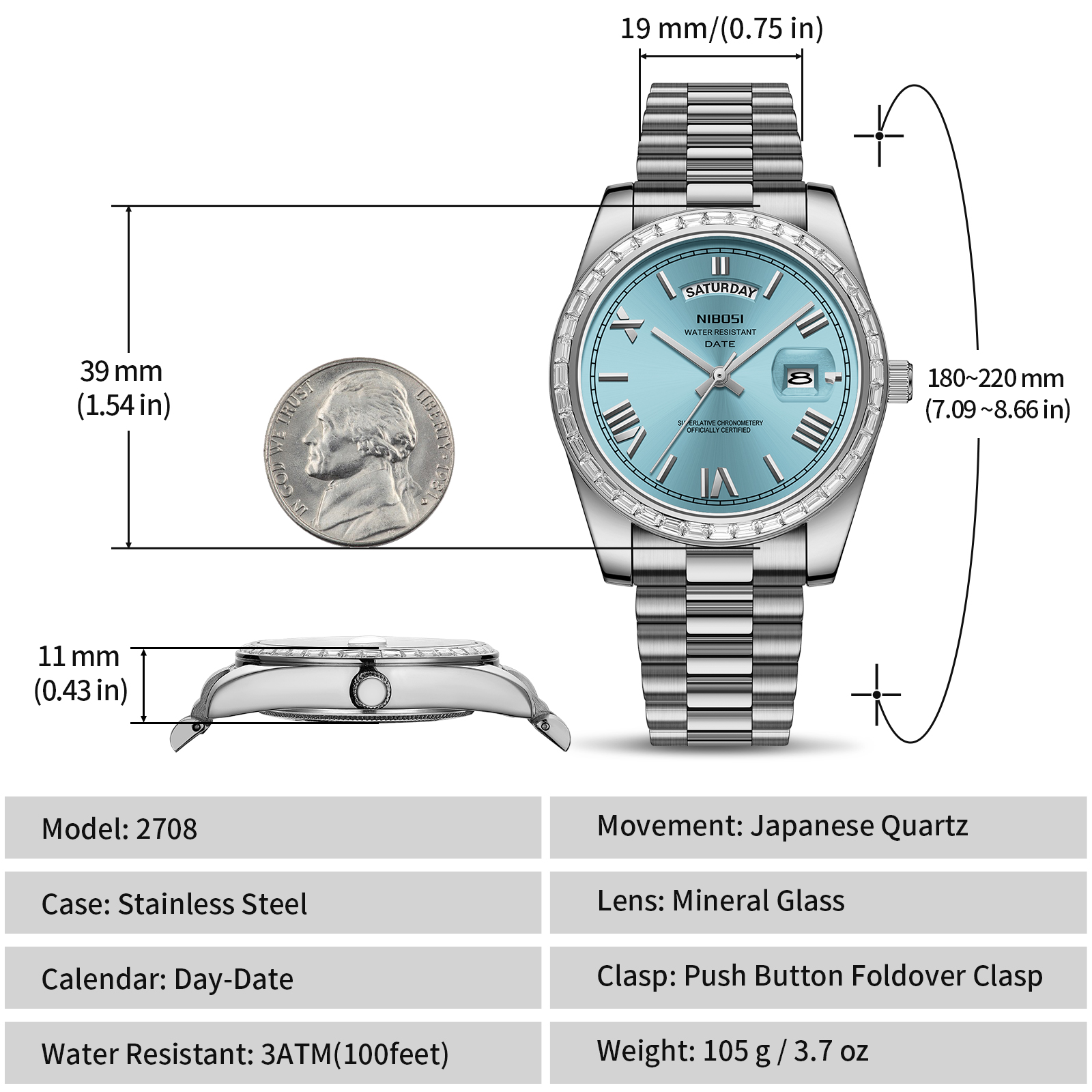 Nibosi Day-Date President Silver Sky Blue - 11