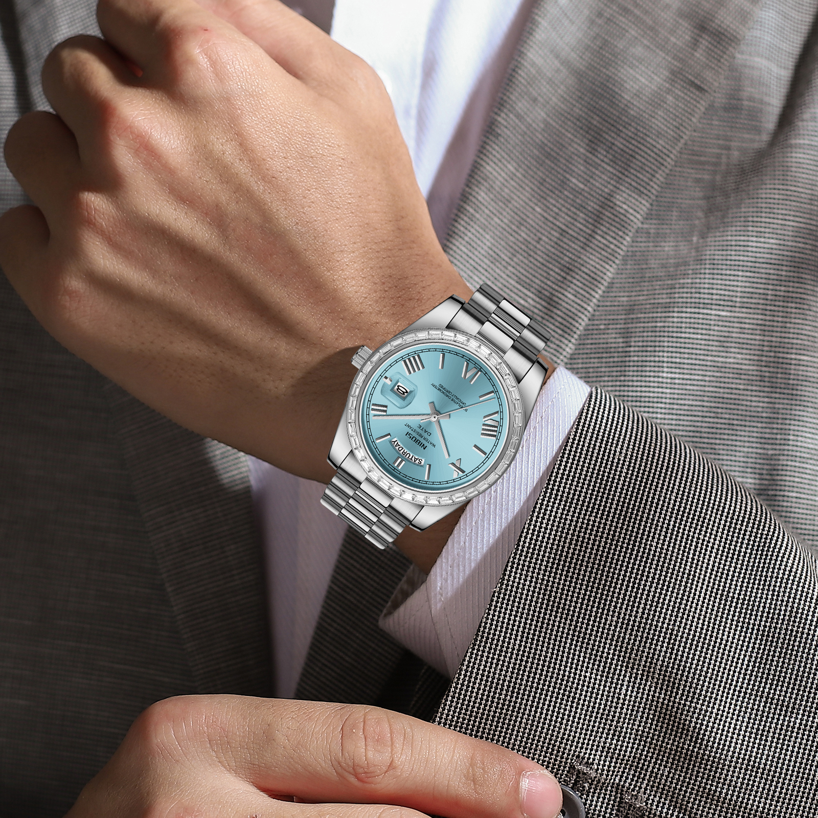 Nibosi Day-Date President Silver Sky Blue - 7