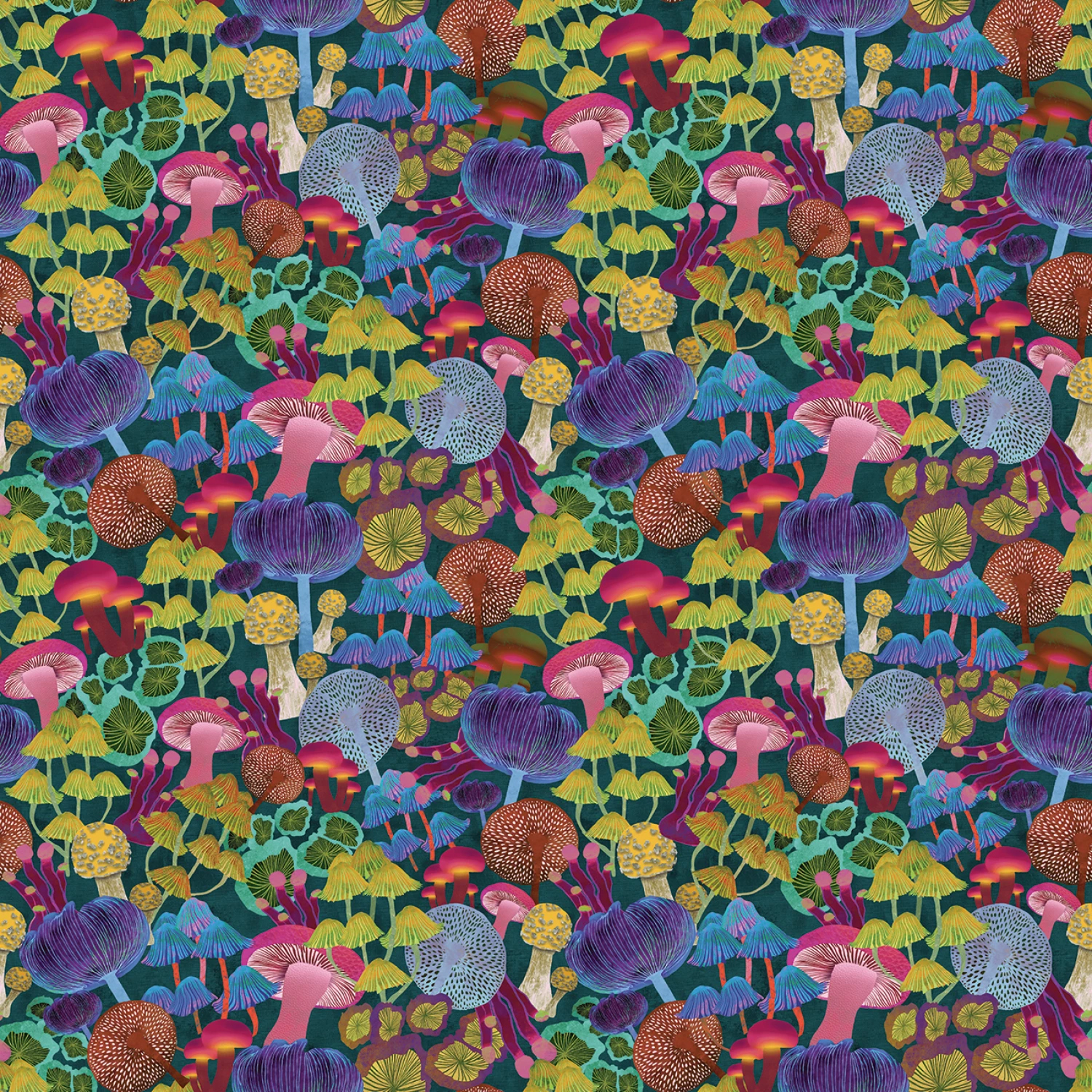 Tyg: Modern Mushrooms Teal/multi 